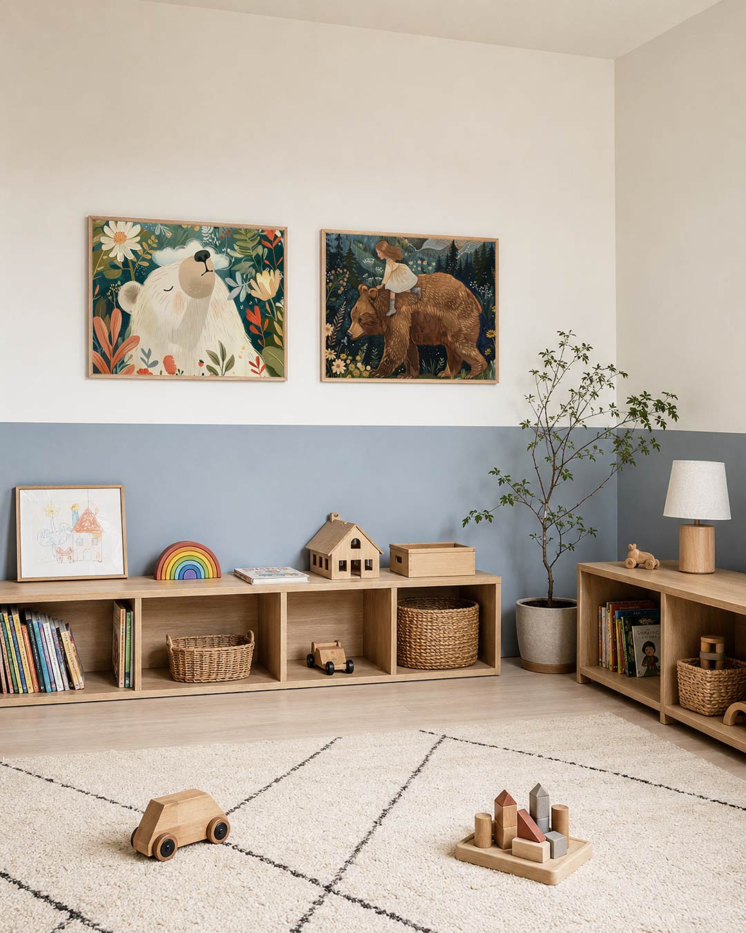 Interieurpresentatie van twee posters met een grote, witte beer met gesloten ogen omringd door kleurrijke bloemen en bladeren