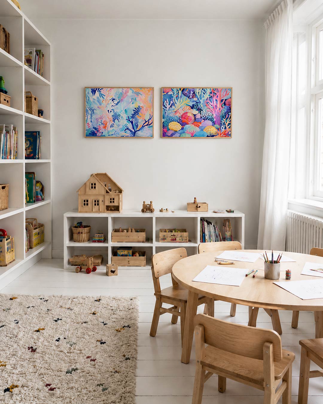 Tweedelige posterset met organische vormen en kleuren, getoond in een interieur