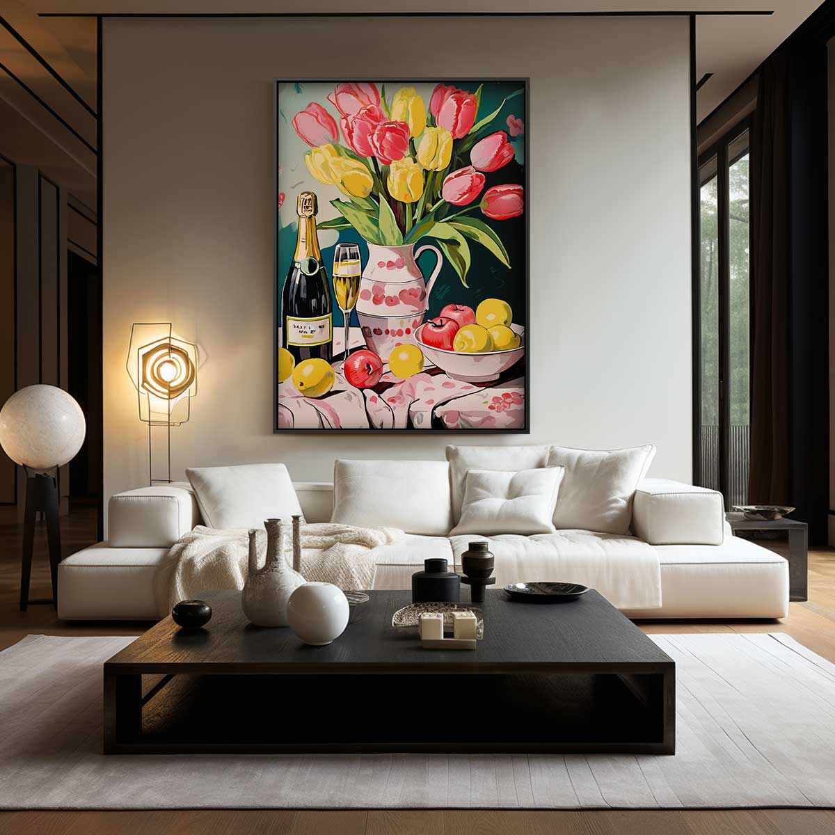 Tulpen en Champagne Stilleven Kunstwerk-canvas-dibond-plexiglas-wanddecoratie-WallArtistic