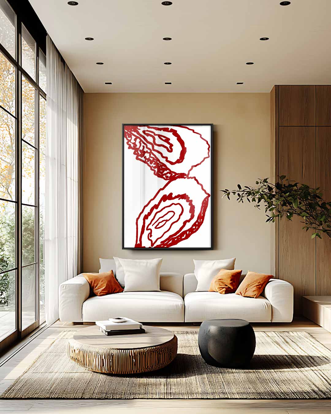 Rode Oester Lijnen Kunstwerk-canvas-dibond-plexiglas-wanddecoratie-WallArtistic