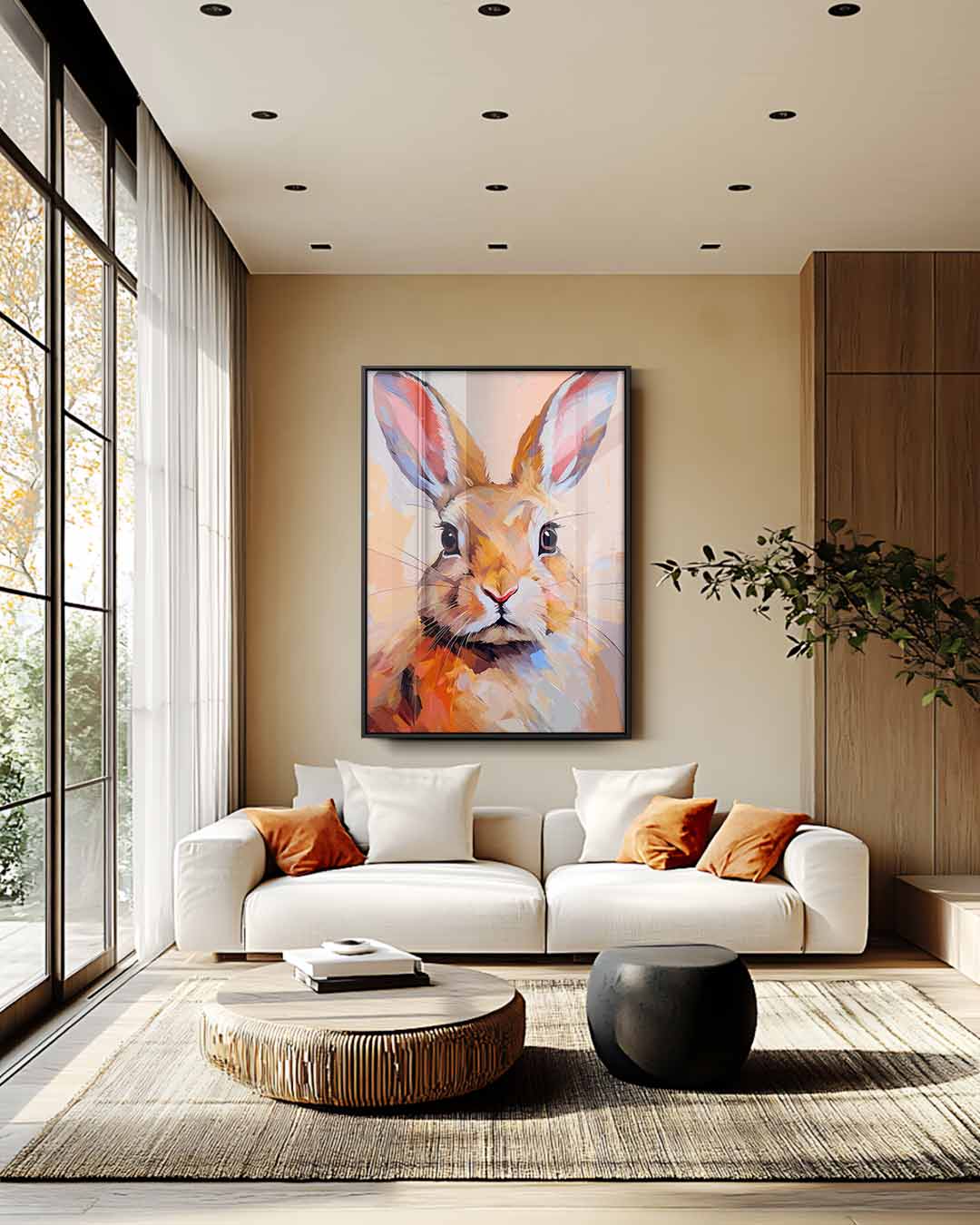 Schilderij van een nieuwsgierige haas Kunstwerk-canvas-dibond-plexiglas-wanddecoratie-WallArtistic