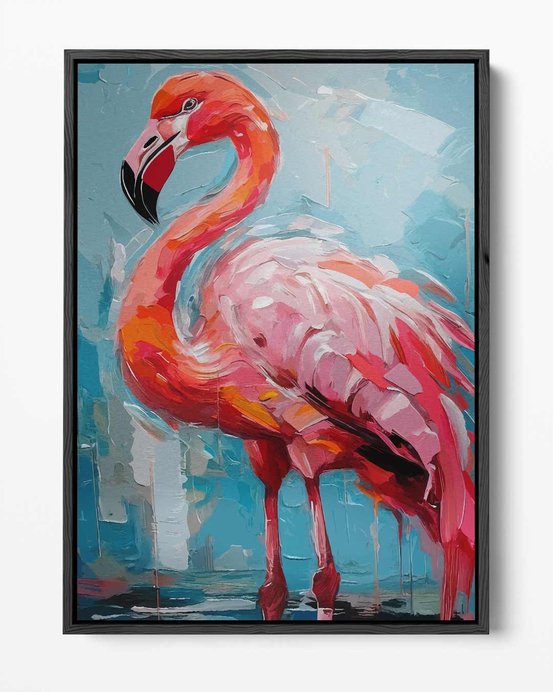 Vrolijke Flamingo op Blauw Kunstwerk-canvas-dibond-plexiglas-wanddecoratie-WallArtistic