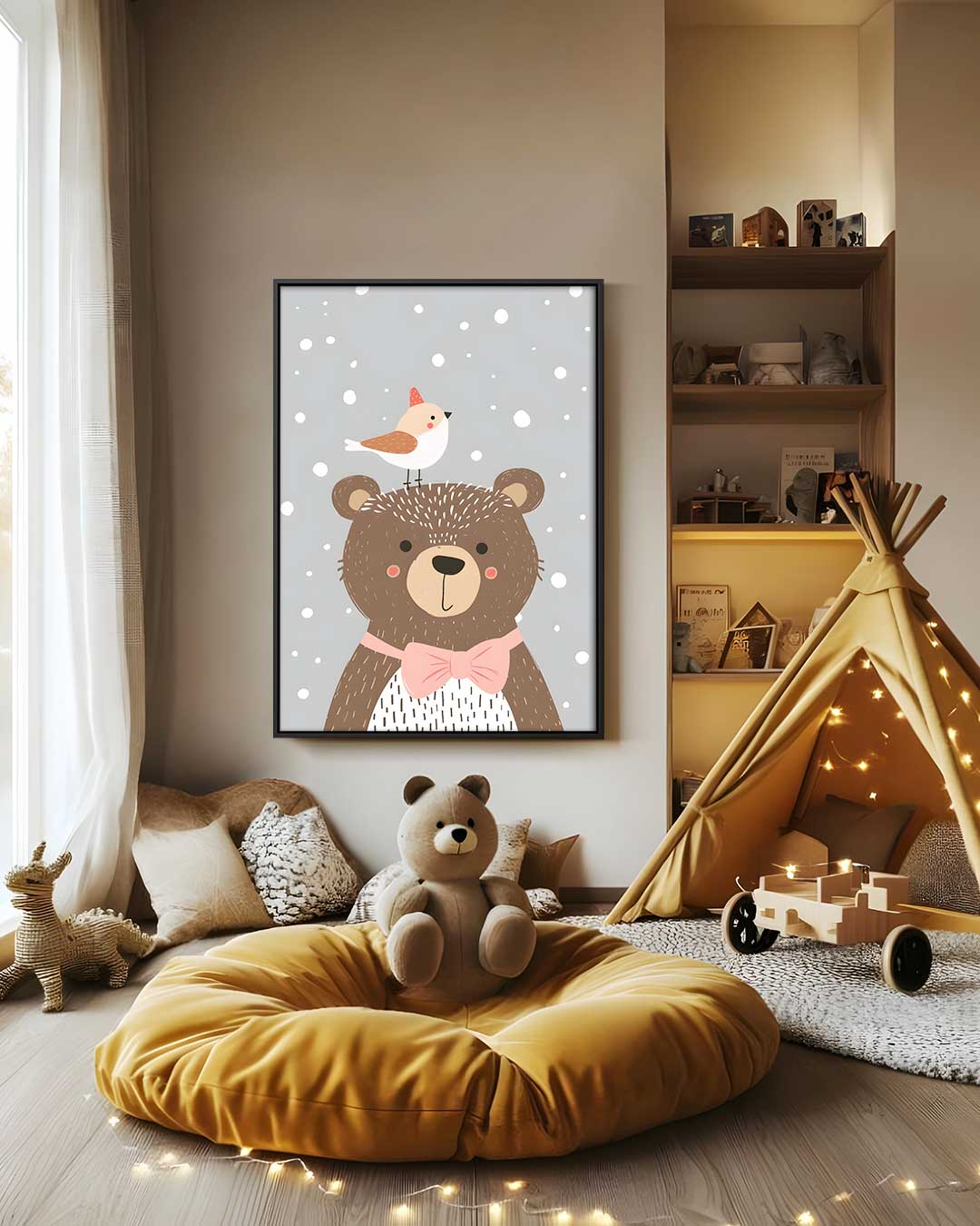 Vrolijke Beer en Vogel Winterillustratie Kunstwerk-canvas-dibond-plexiglas-wanddecoratie-WallArtistic