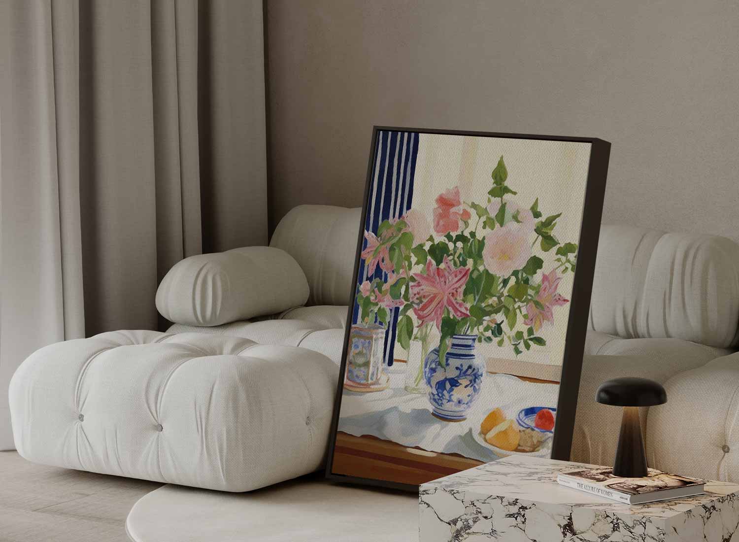 Zomers Bloemenboeket in Blauwe Vaas Kunstwerk-canvas-dibond-plexiglas-wanddecoratie-WallArtistic