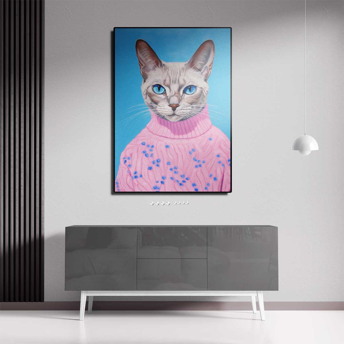 Kat in Roze Trui Portret Kunstwerk-canvas-dibond-plexiglas-wanddecoratie-WallArtistic