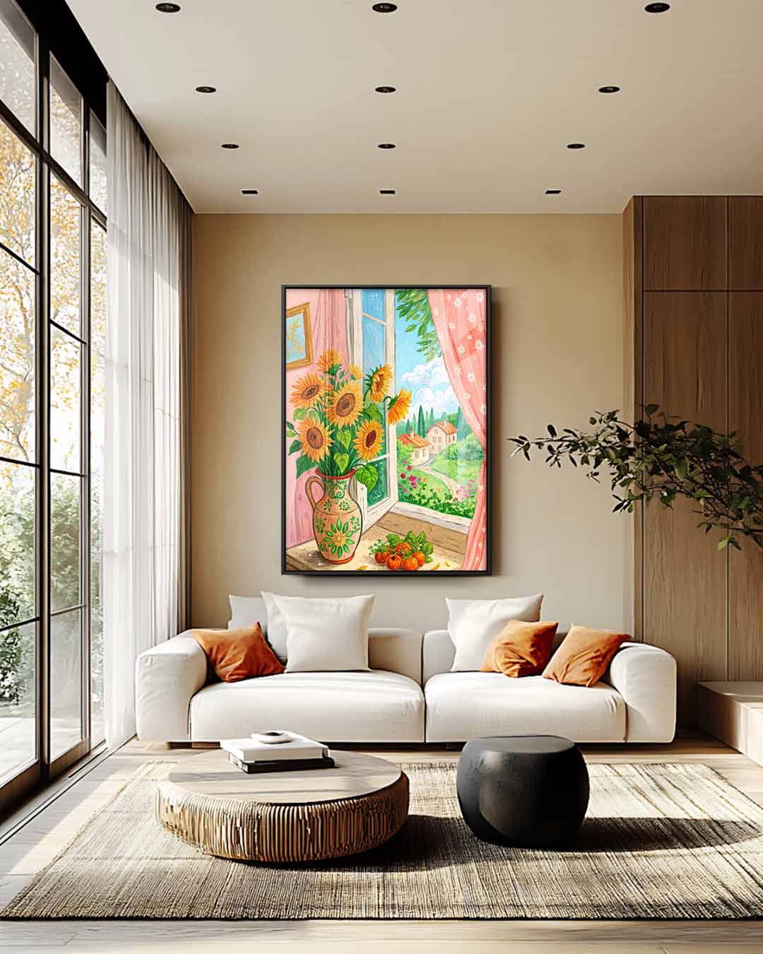 Zonnige Zonnebloemen aan het Raam Kunstwerk-canvas-dibond-plexiglas-wanddecoratie-WallArtistic