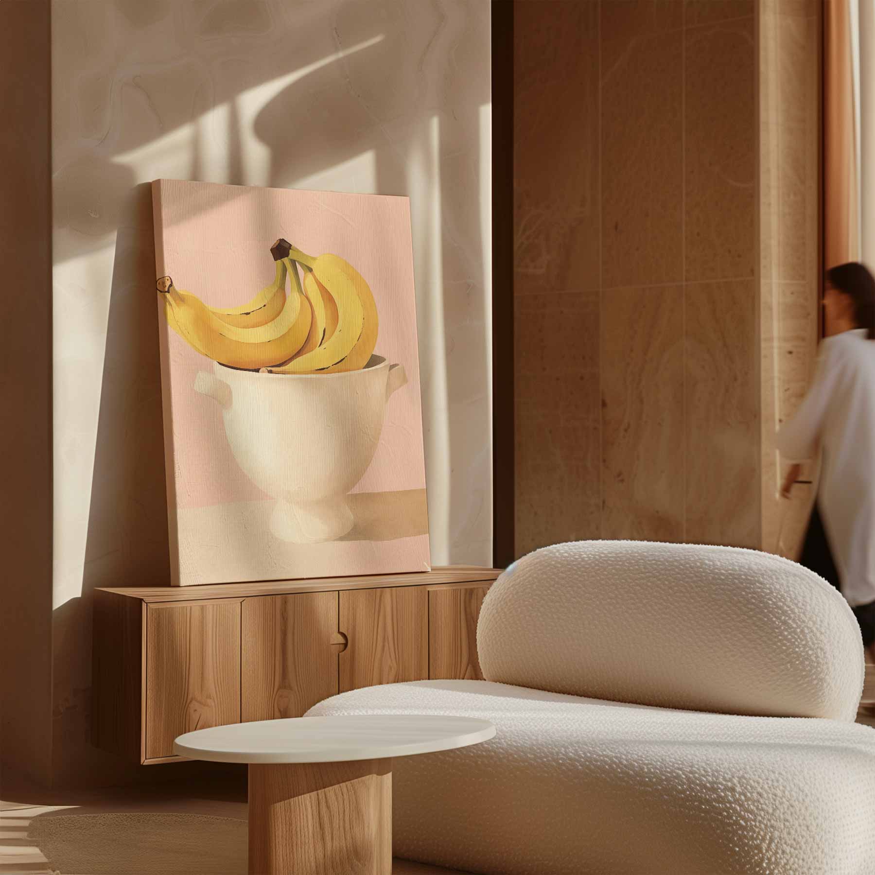 Bananen in een Witte Kom op Roze Achtergrond Kunstwerk-canvas-dibond-plexiglas-wanddecoratie-WallArtistic