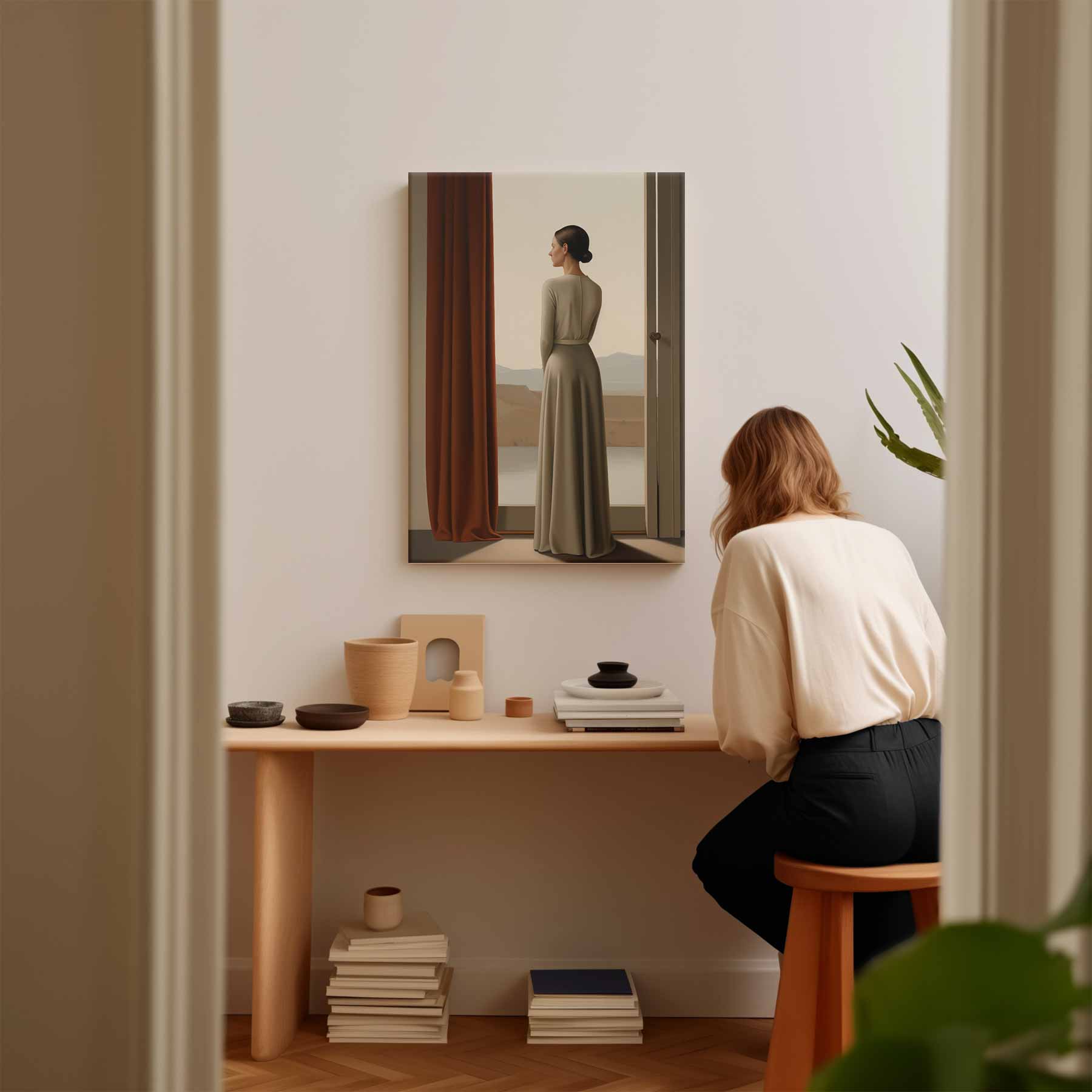 Vrouw bij het Raam Kunstwerk-canvas-dibond-plexiglas-wanddecoratie-WallArtistic