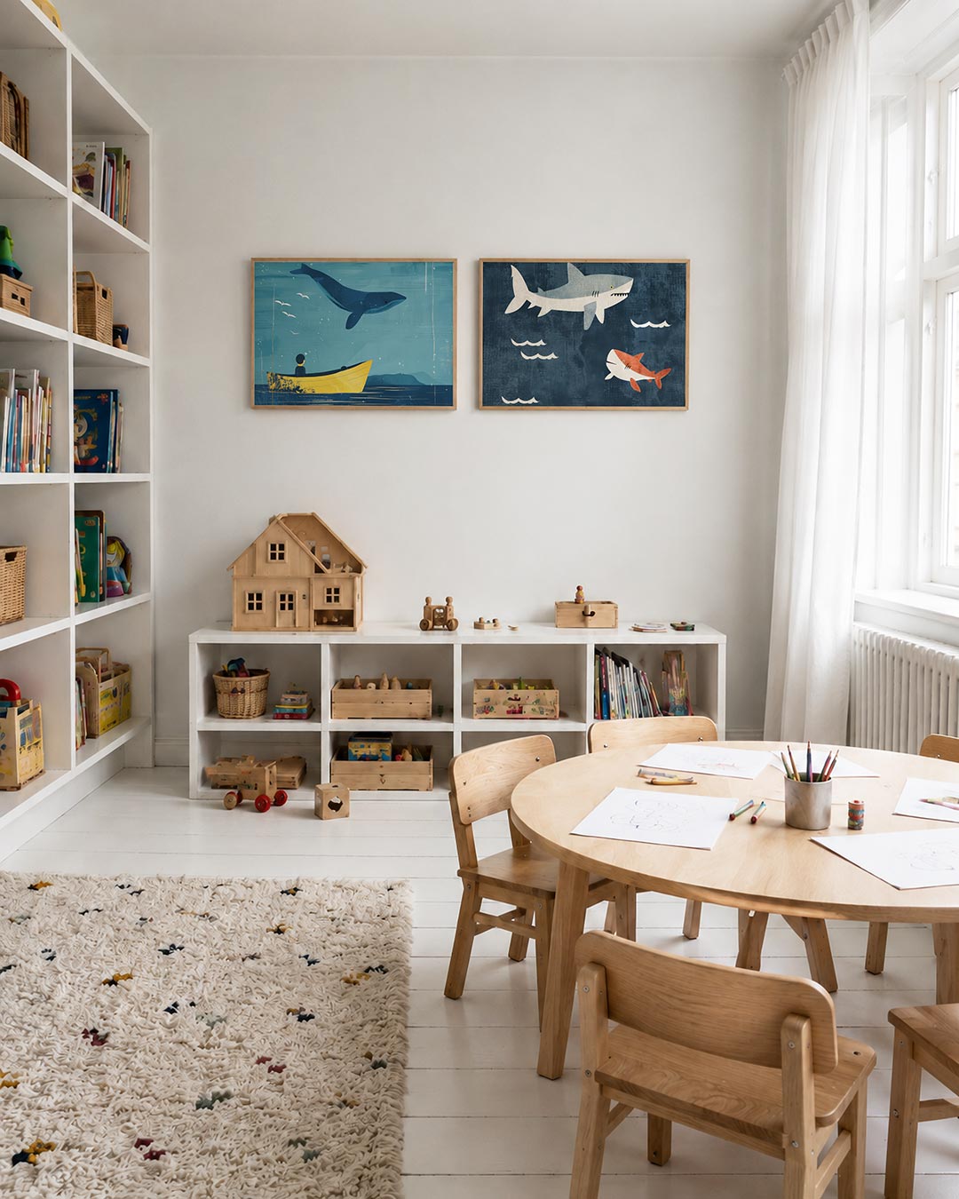 Twee liggende posters met een blauwe walvis boven een gele boot op een rustige zee, aan de muur in een interieur