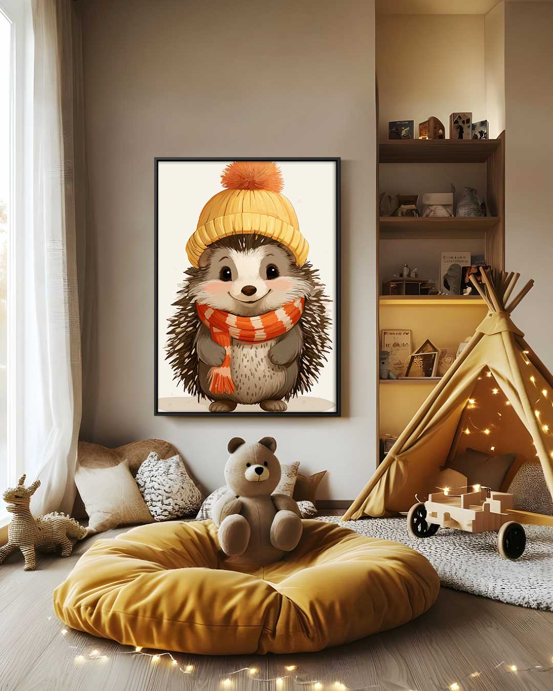 Schattige Egel met Wintermuts Kunstwerk-canvas-dibond-plexiglas-wanddecoratie-WallArtistic