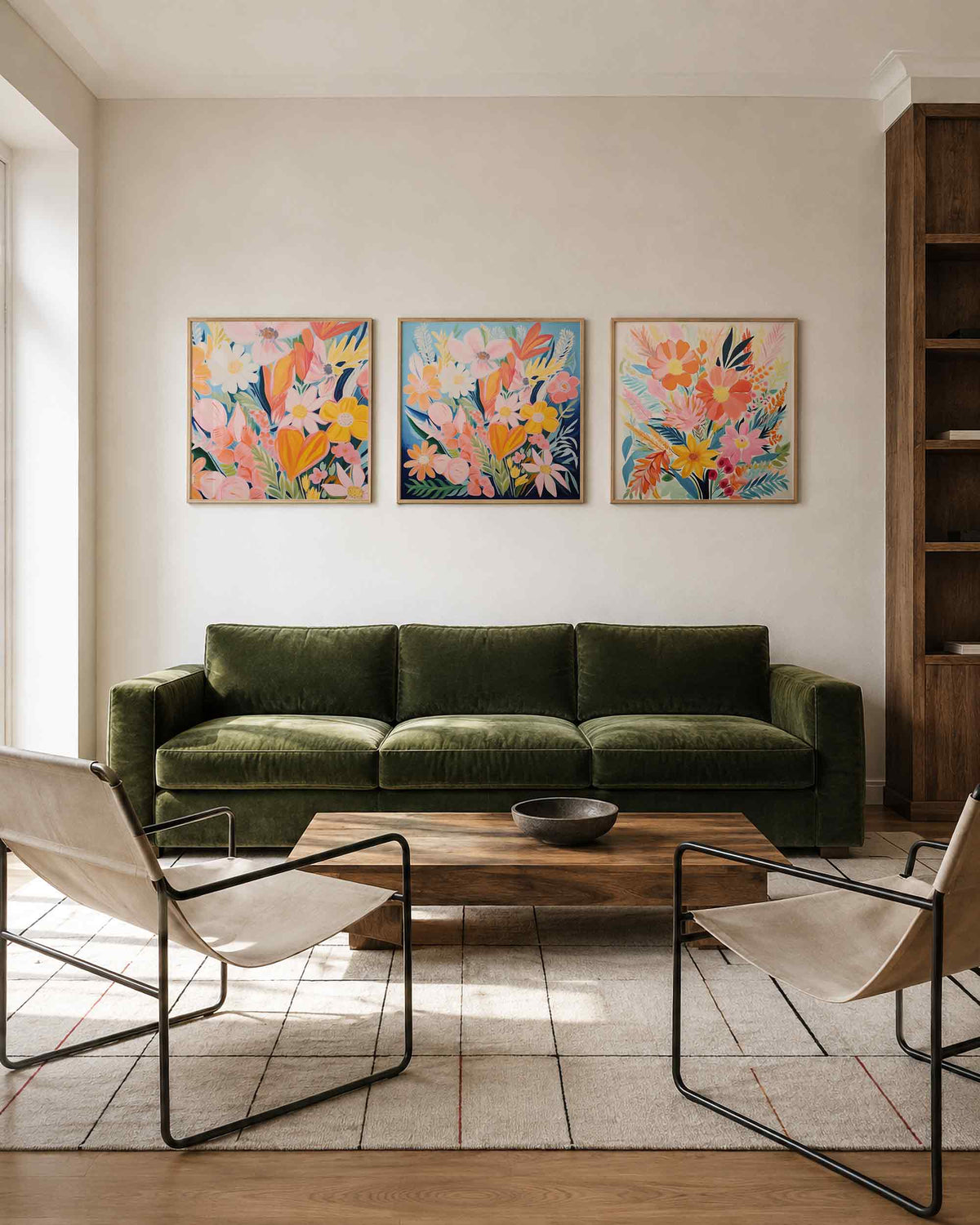 Interieurpresentatie van een driedelige vierkante posterset met kleurrijke bloemen