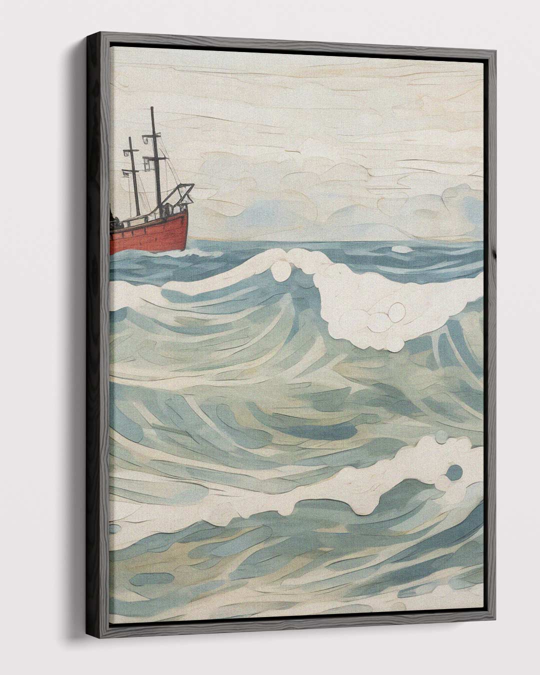 Golven van Avontuur: Rood Schip op Zee Kunstwerk-canvas-dibond-plexiglas-wanddecoratie-WallArtistic
