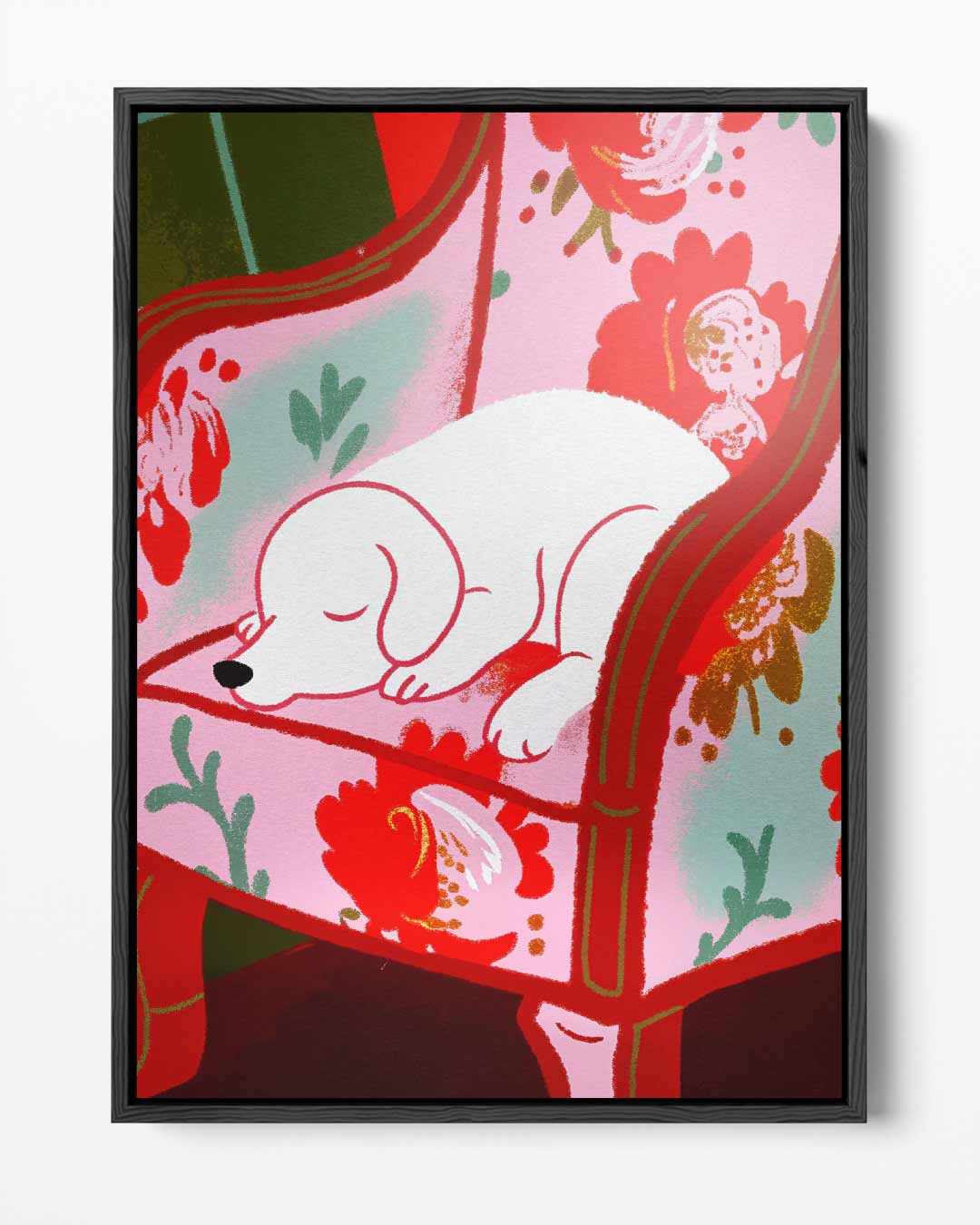 Dromerige Pup op Bloemenstoel Kunstwerk-canvas-dibond-plexiglas-wanddecoratie-WallArtistic