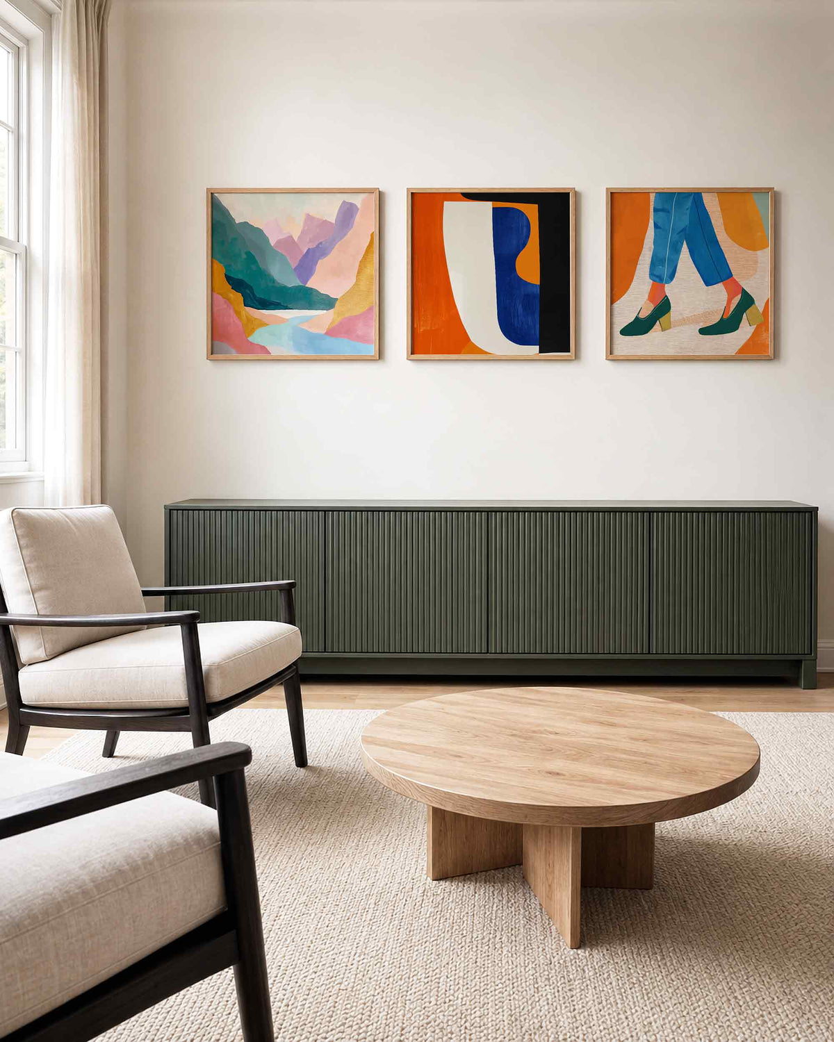 Interieurpresentatie van een driedelige vierkante posterset met abstracte kleurenmix