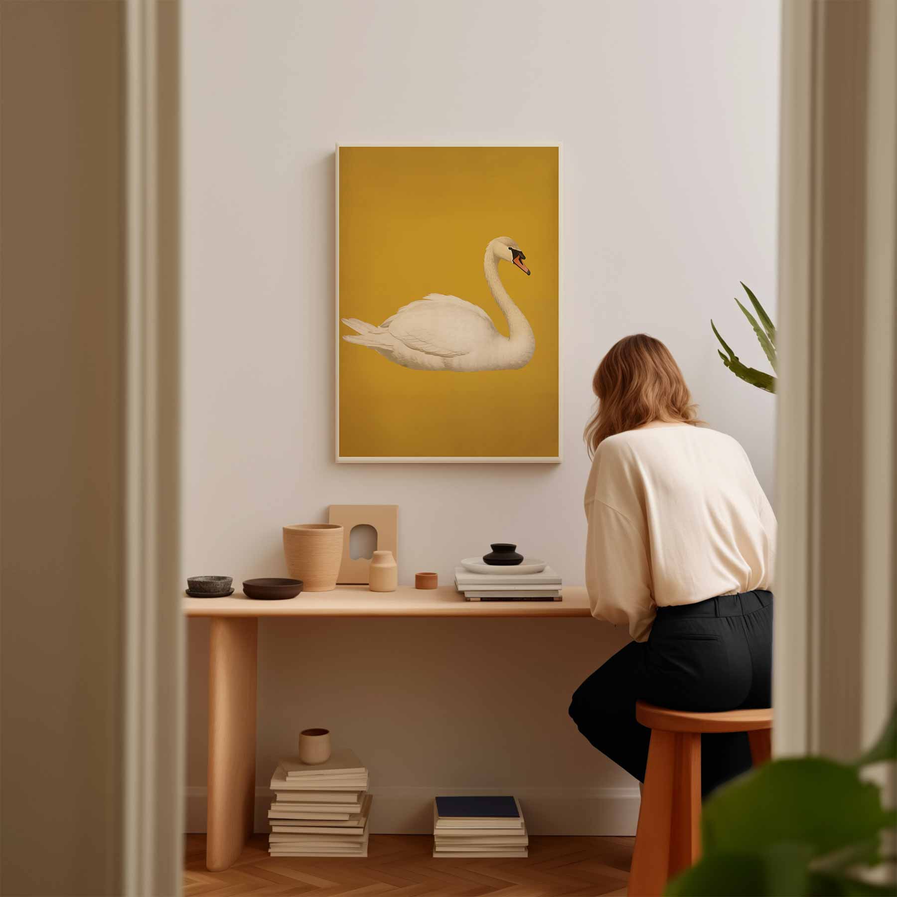Sierlijke Zwaan op Gouden Achtergrond Kunstwerk-canvas-dibond-plexiglas-wanddecoratie-WallArtistic