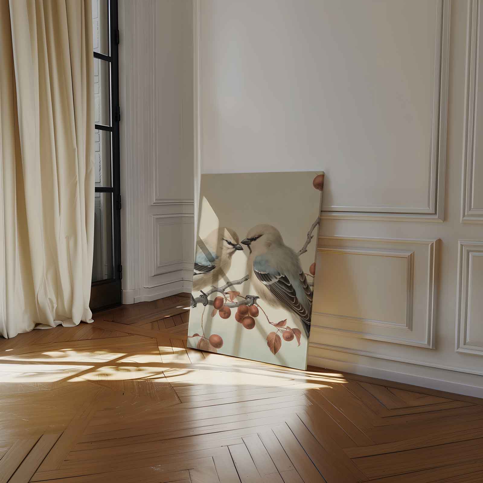 Vogelpaar op Tak Kunstwerk-canvas-dibond-plexiglas-wanddecoratie-WallArtistic