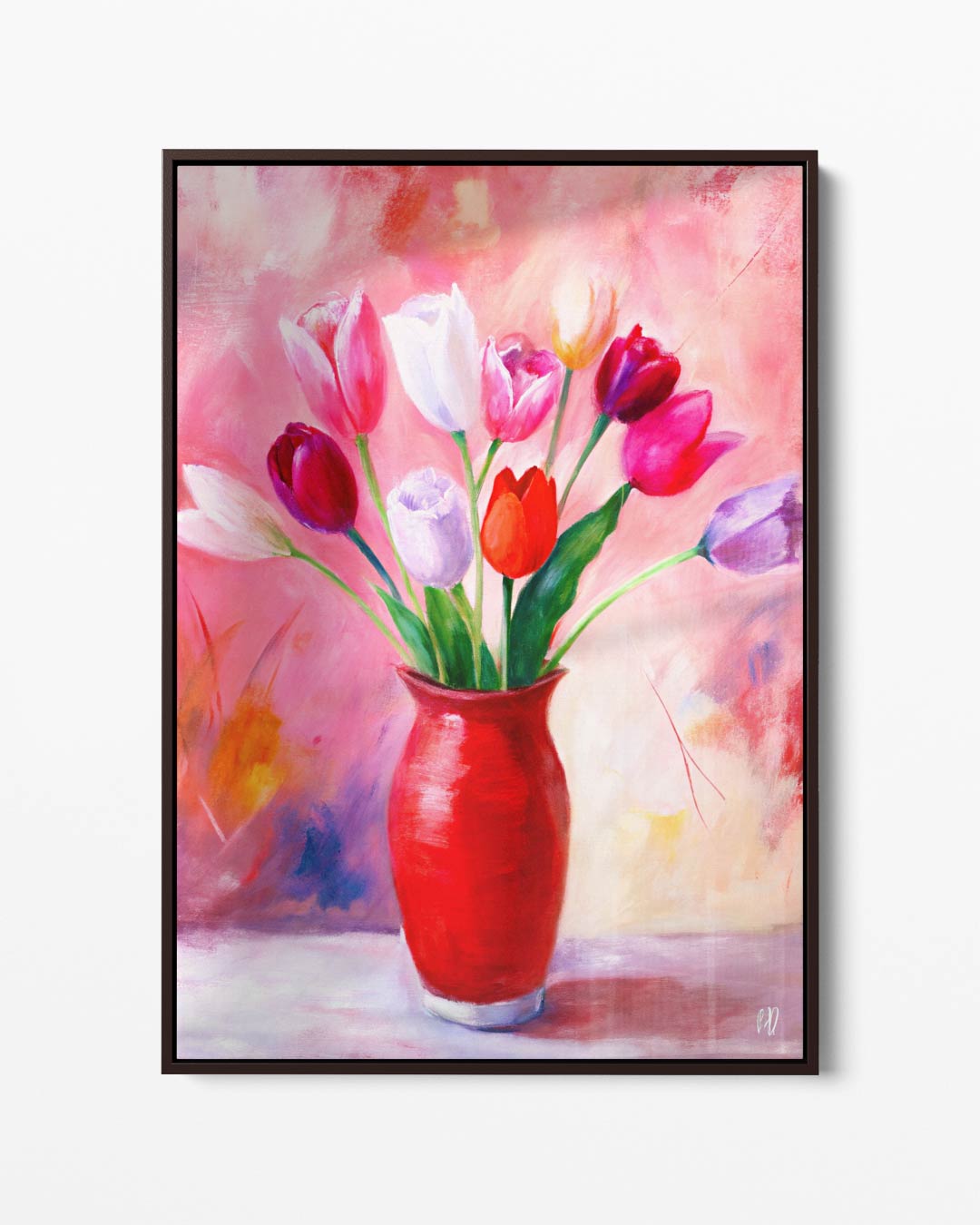 Kleurrijke Tulpen in Rode Vaas Kunstwerk-canvas-dibond-plexiglas-wanddecoratie-WallArtistic