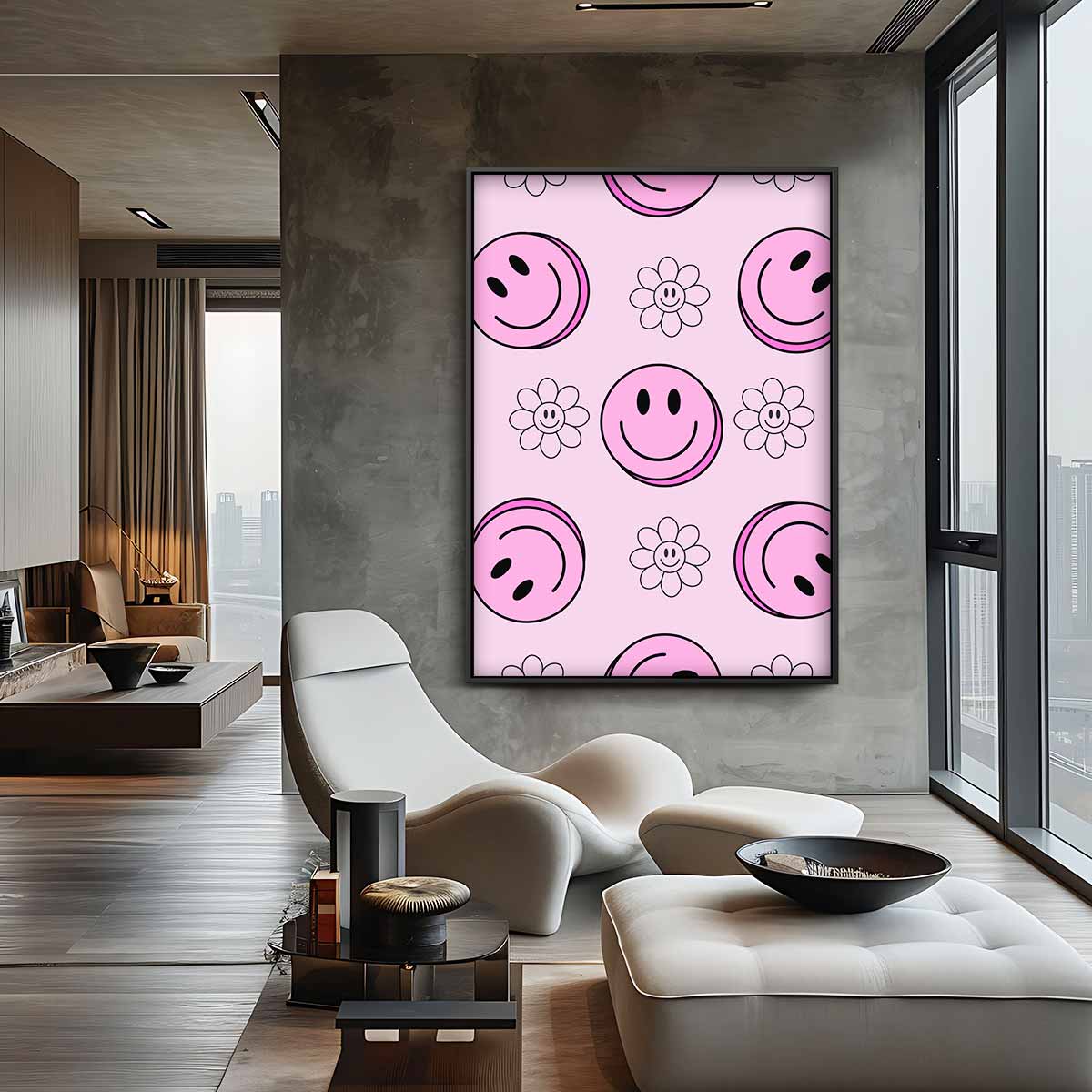 Vrolijke Smiley Bloemen Print Kunstwerk-canvas-dibond-plexiglas-wanddecoratie-WallArtistic