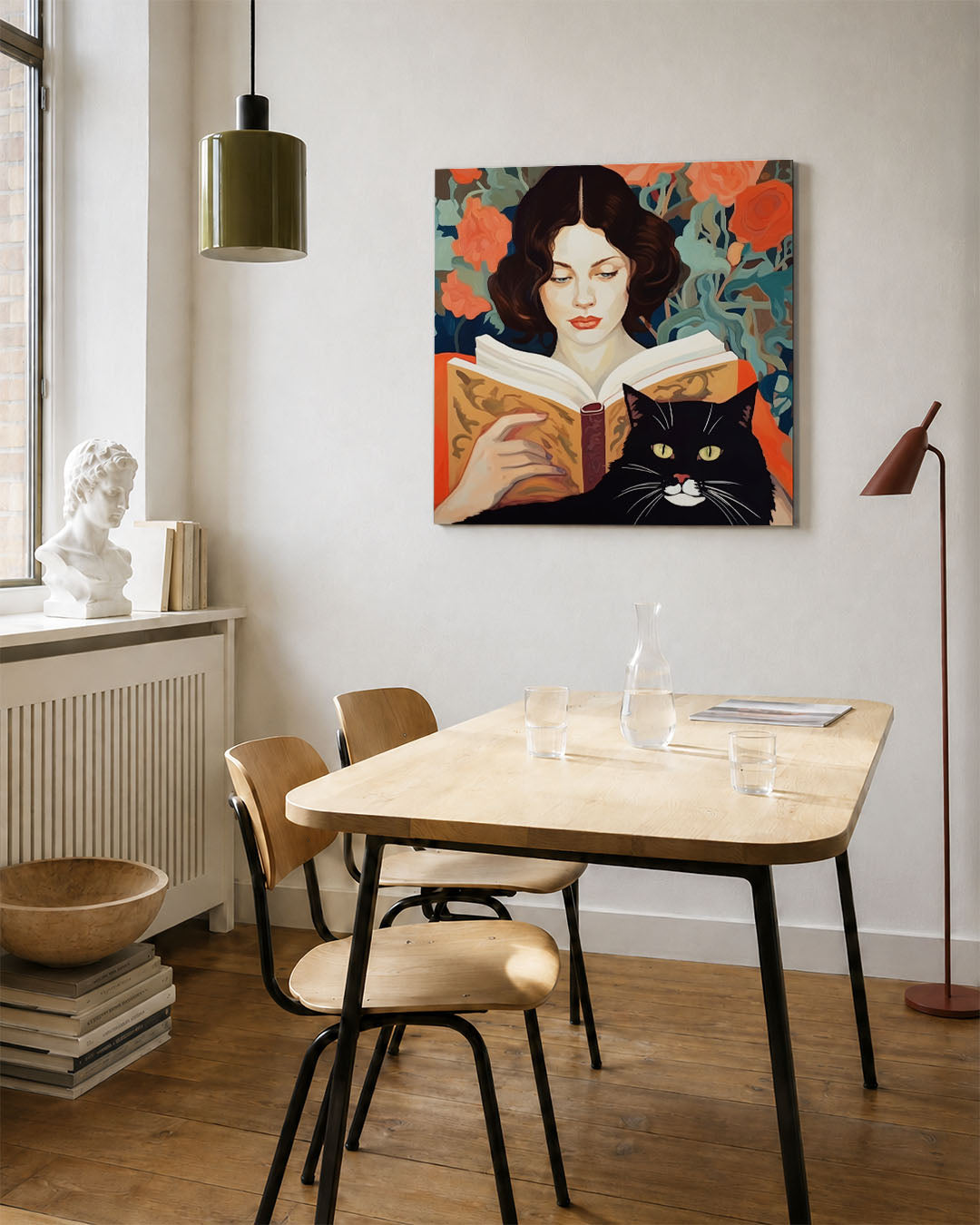 Vrouw met kat en boek Kunstwerk