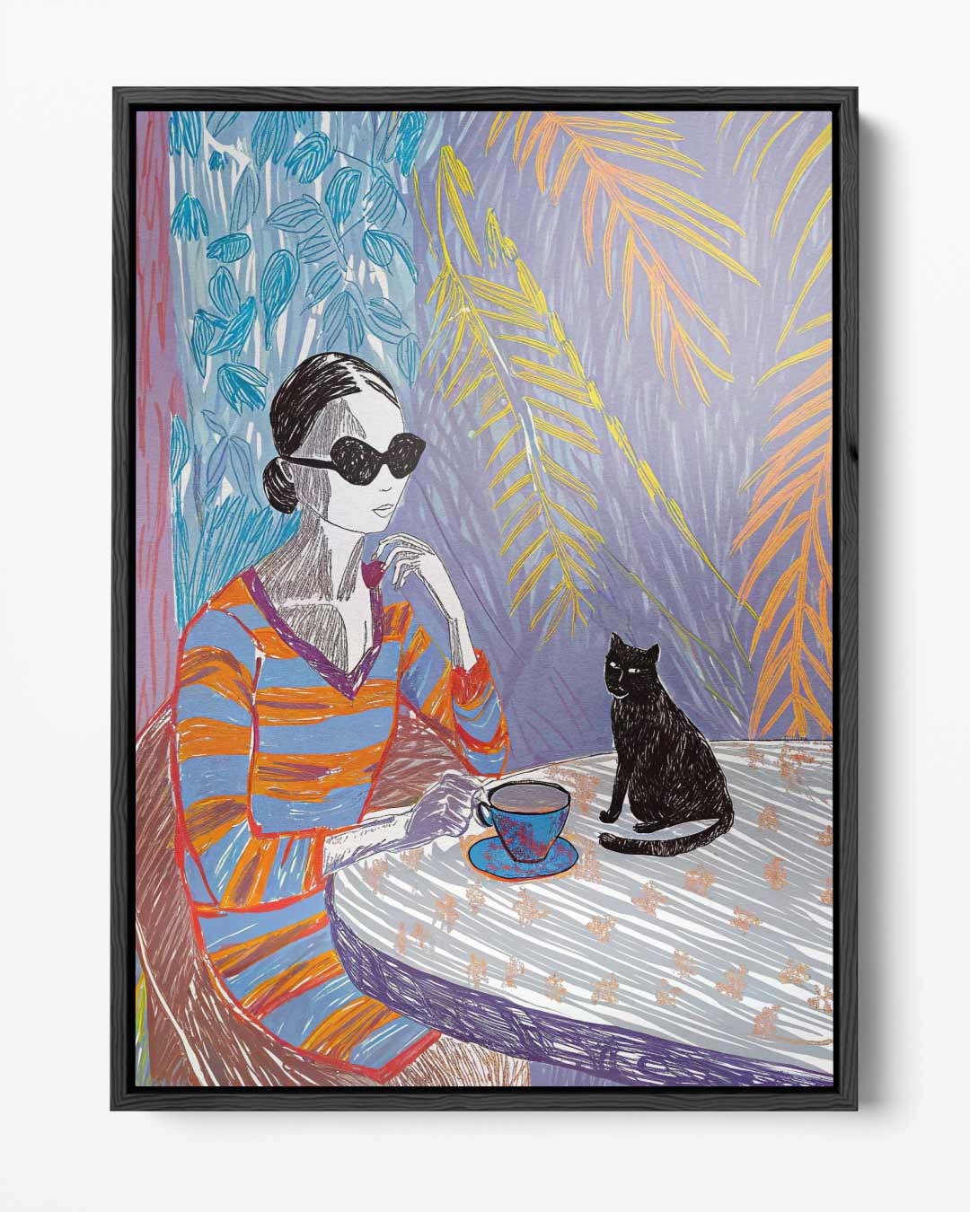Ontspanmomentje met Koffie en Kat Kunstwerk-canvas-dibond-plexiglas-wanddecoratie-WallArtistic