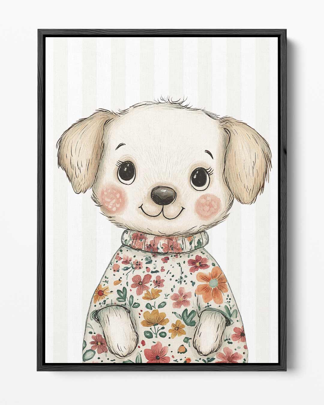 Schattige Puppy in Bloemensweater Kunstwerk-canvas-dibond-plexiglas-wanddecoratie-WallArtistic