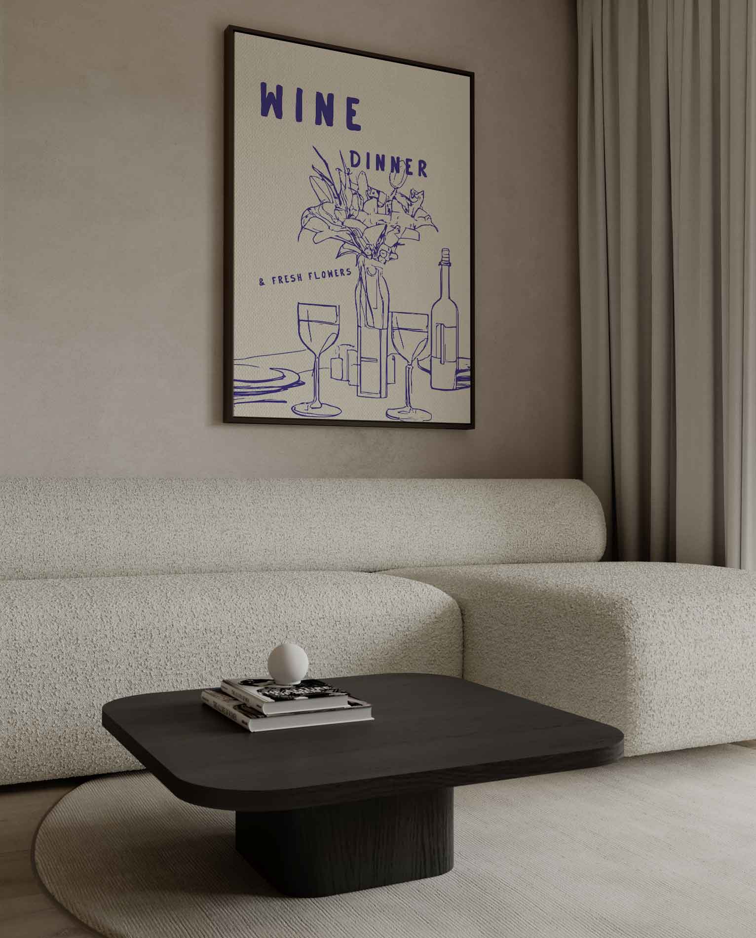Wijn en Bloemen Diner Illustratie Kunstwerk-canvas-dibond-plexiglas-wanddecoratie-WallArtistic