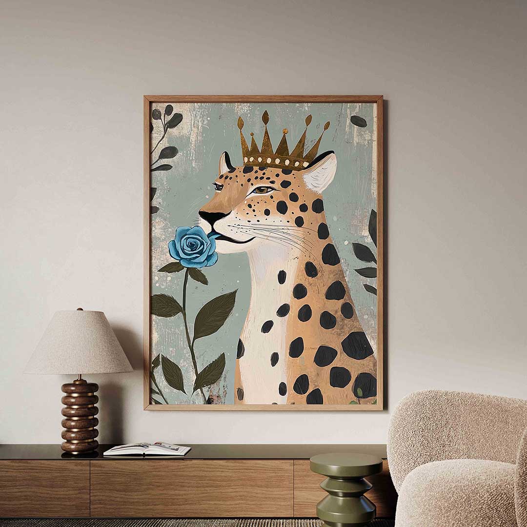 Luipaard met kroon en blauwe roos Poster