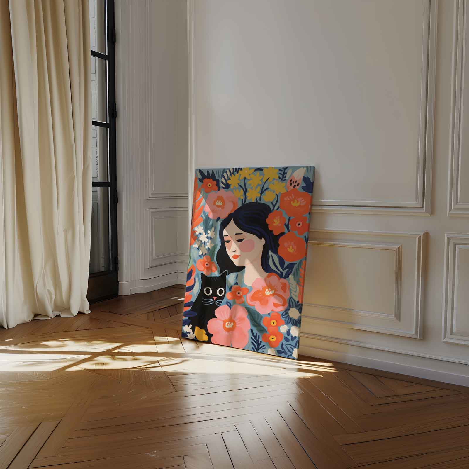 Bloemendroom met Kat Kunstwerk-canvas-dibond-plexiglas-wanddecoratie-WallArtistic