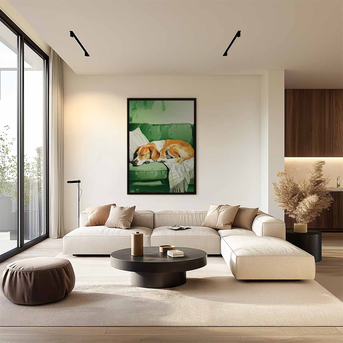 Slapende Hond op Groene Bank Kunstwerk-canvas-dibond-plexiglas-wanddecoratie-WallArtistic
