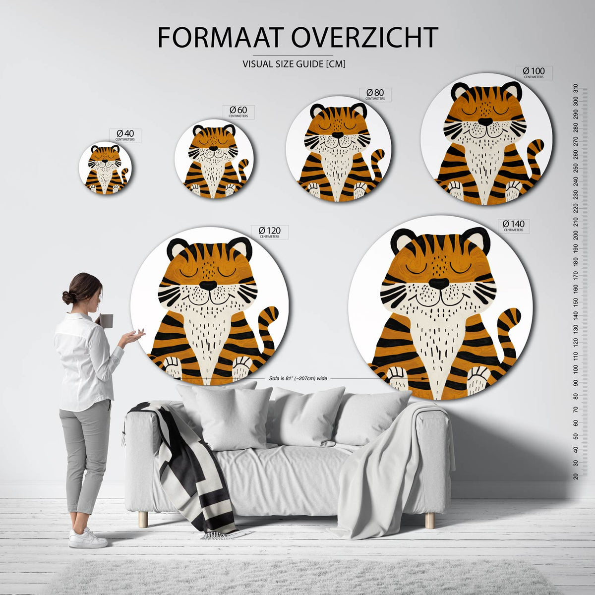 Tijger illustratie Muurcirkel – extra productweergave – Een tijger met gesloten ogen in oranje en zwart op een lichte