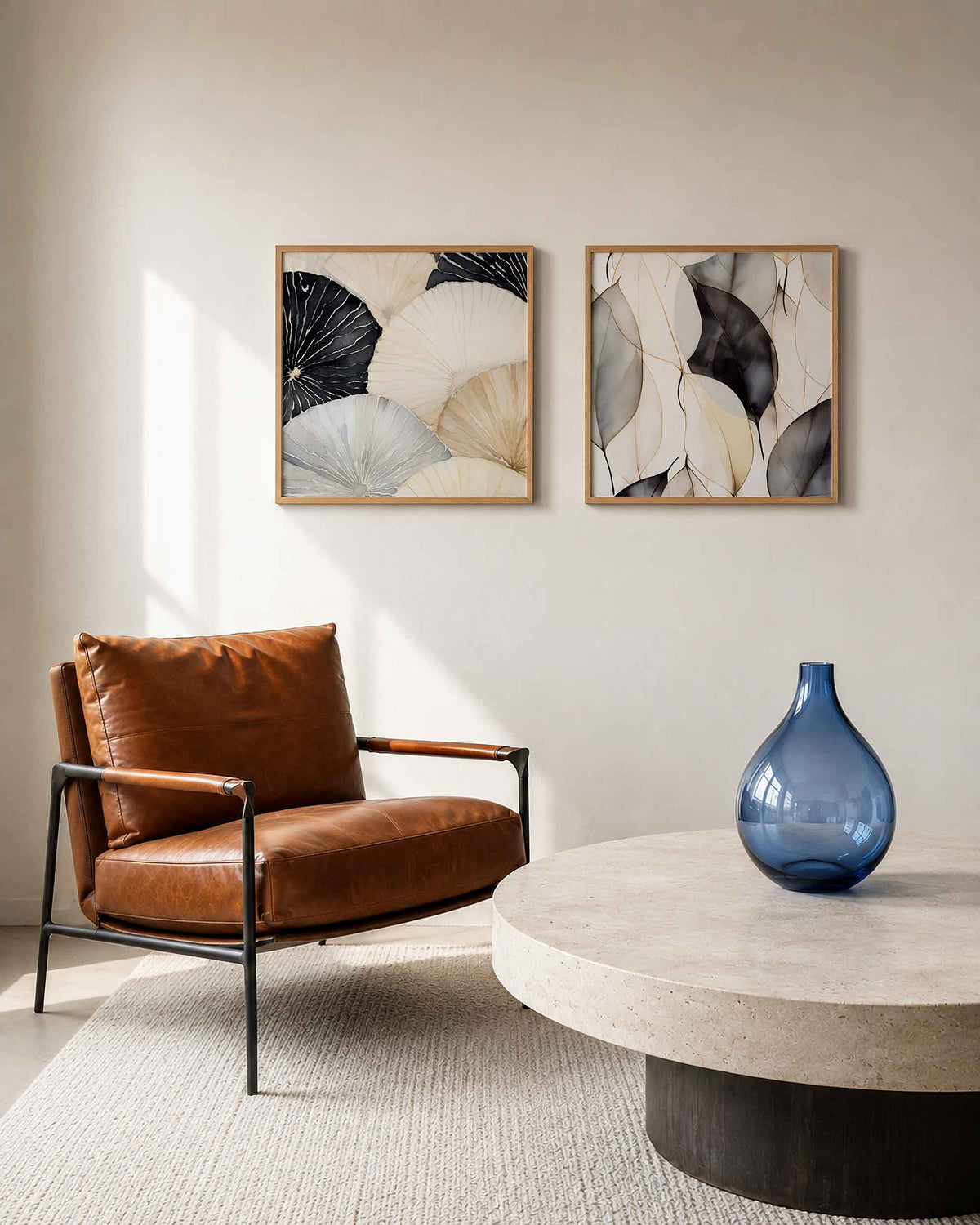 Interieurpresentatie van een tweedelige vierkante posterset met schelp en blad