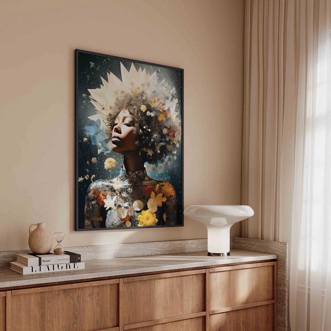 Vrouw met bloemen en sterren Poster