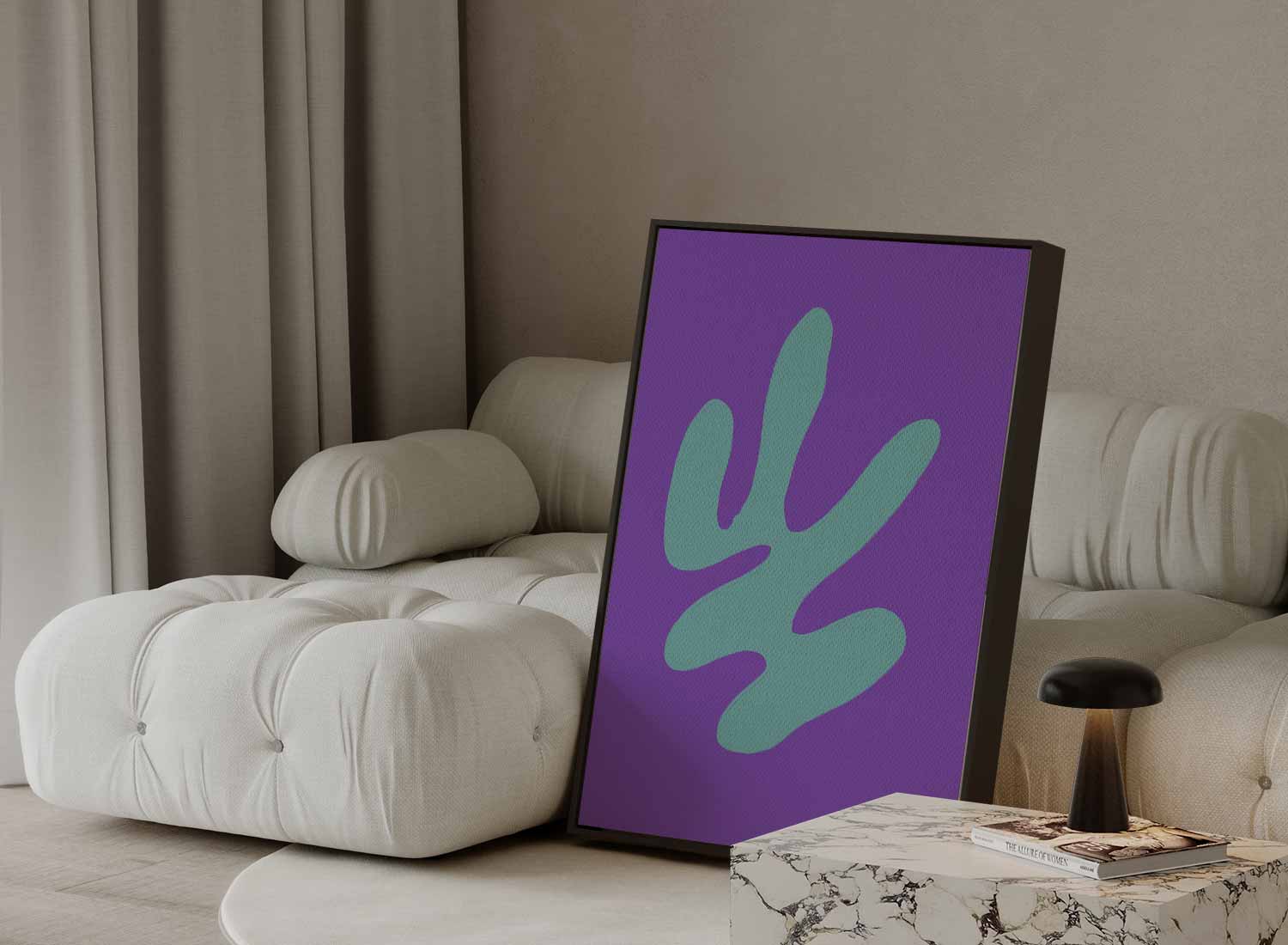 Abstracte Blauwe Vormen op Paars Kunstwerk-canvas-dibond-plexiglas-wanddecoratie-WallArtistic