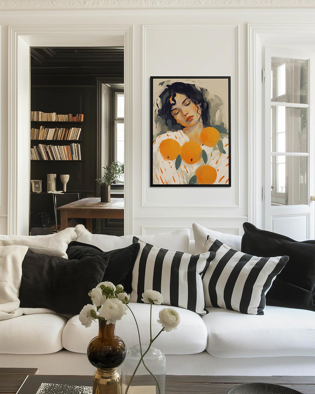 Dromerige vrouw en sinaasappels Kunstwerk