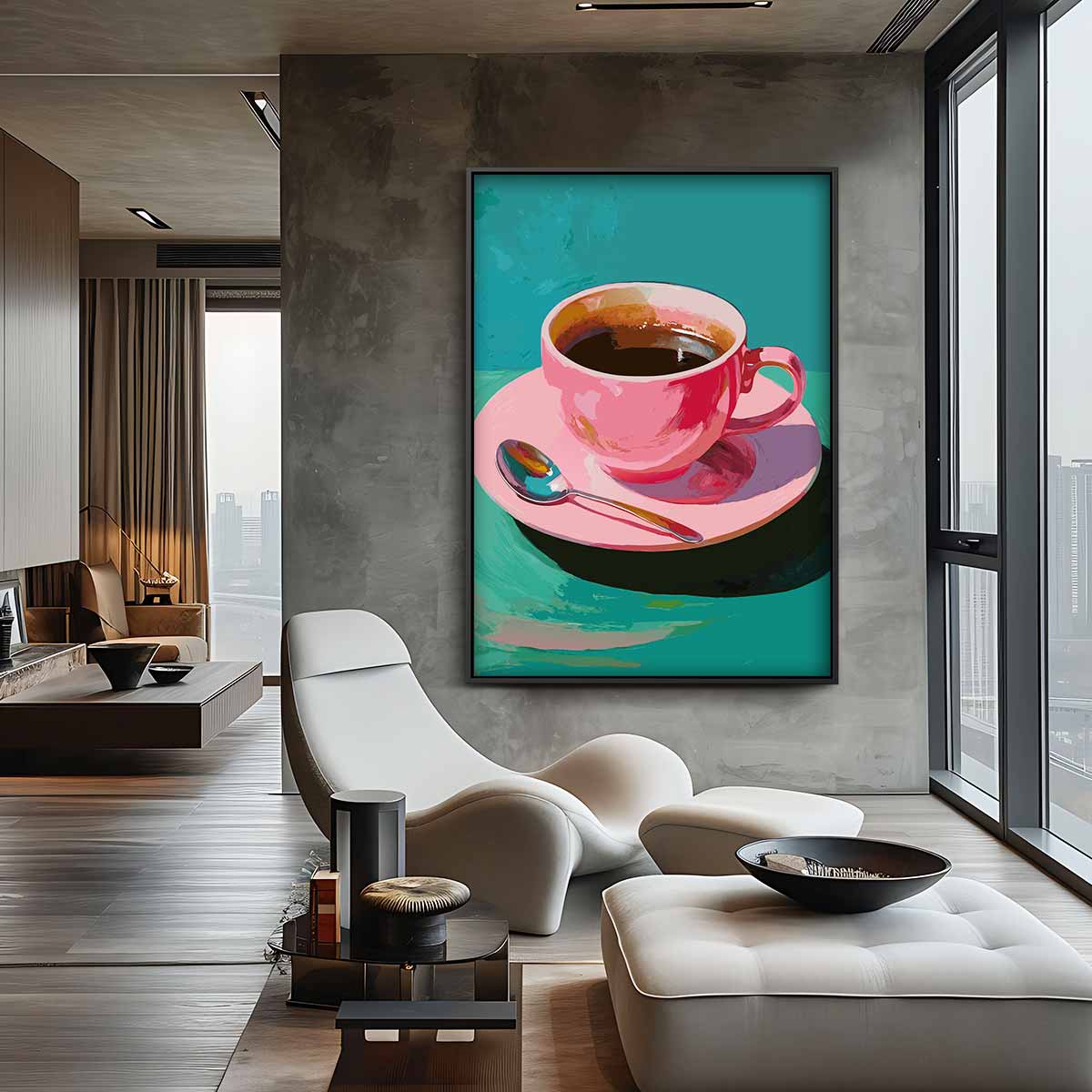 Koffie in een Roze Kopje Kunstwerk-canvas-dibond-plexiglas-wanddecoratie-WallArtistic