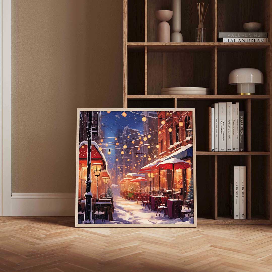 Sneeuwstraat met lichten Poster