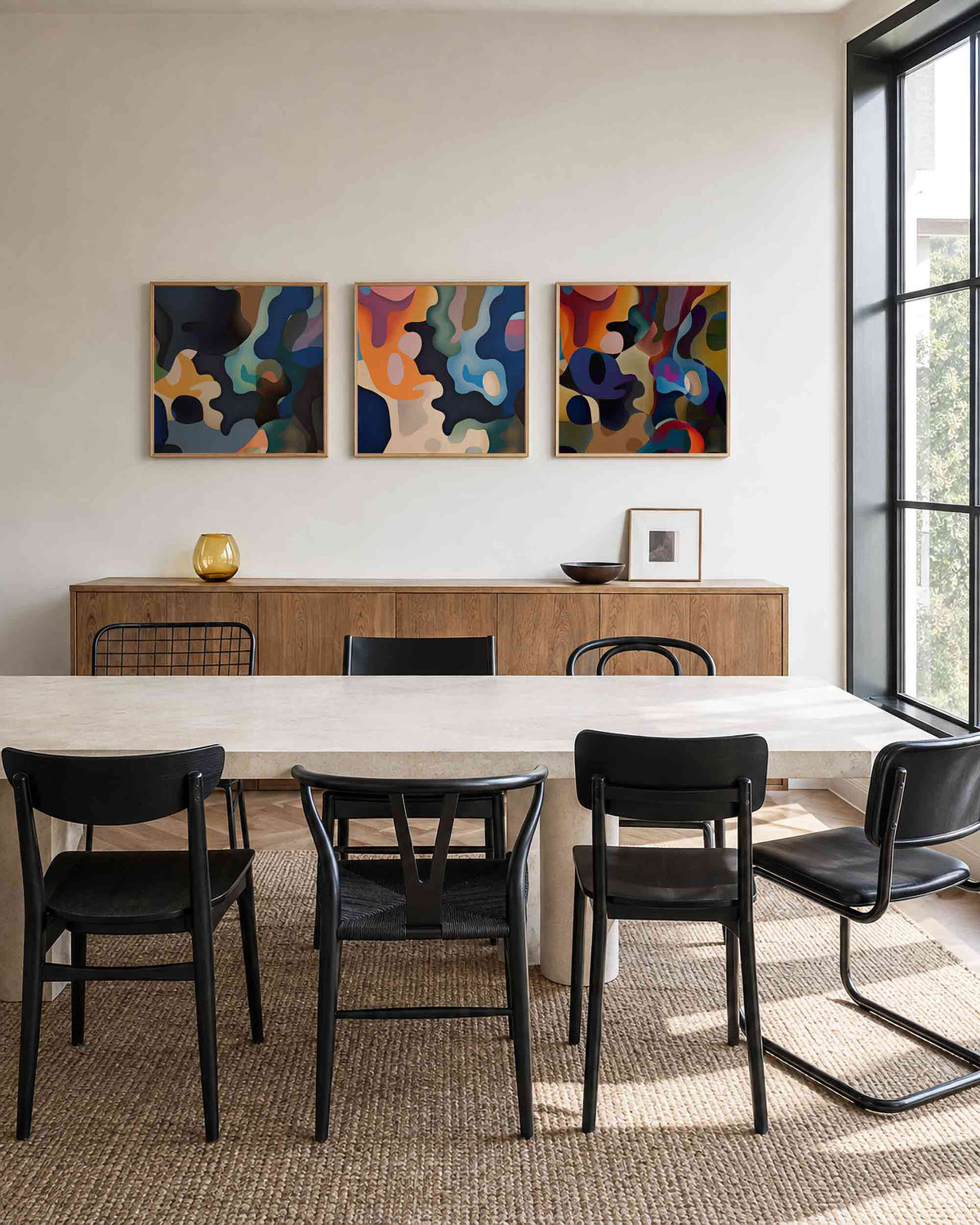 Interieurpresentatie van een driedelige vierkante posterset met abstracte vormen