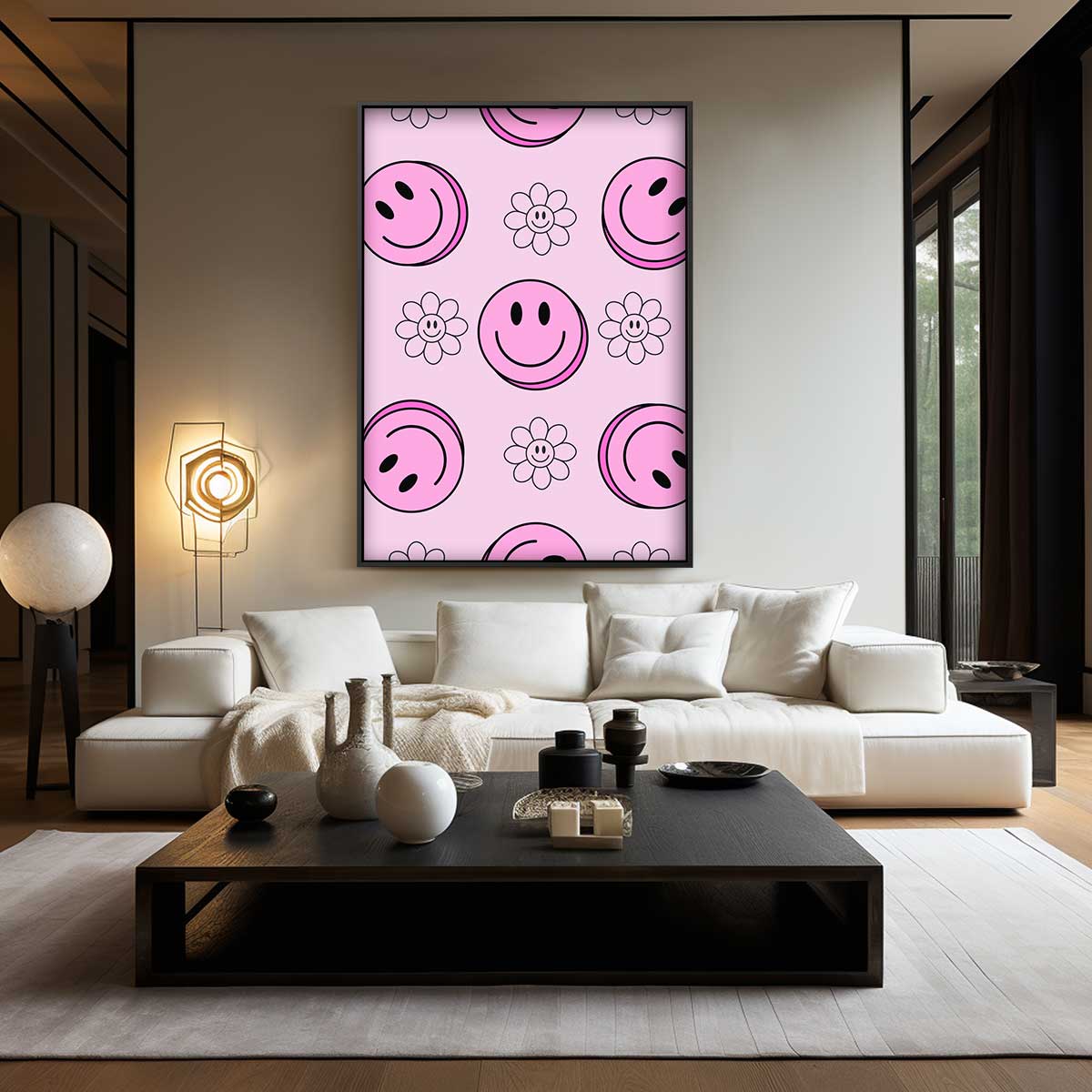Vrolijke Smiley Bloemen Print Kunstwerk-canvas-dibond-plexiglas-wanddecoratie-WallArtistic