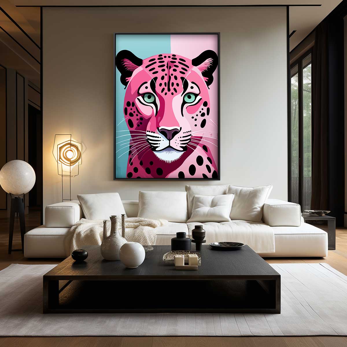 Kleurrijke Luipaard Expressie Kunstwerk-canvas-dibond-plexiglas-wanddecoratie-WallArtistic