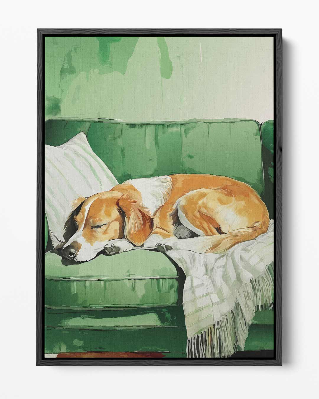 Slapende Hond op Groene Bank Kunstwerk-canvas-dibond-plexiglas-wanddecoratie-WallArtistic