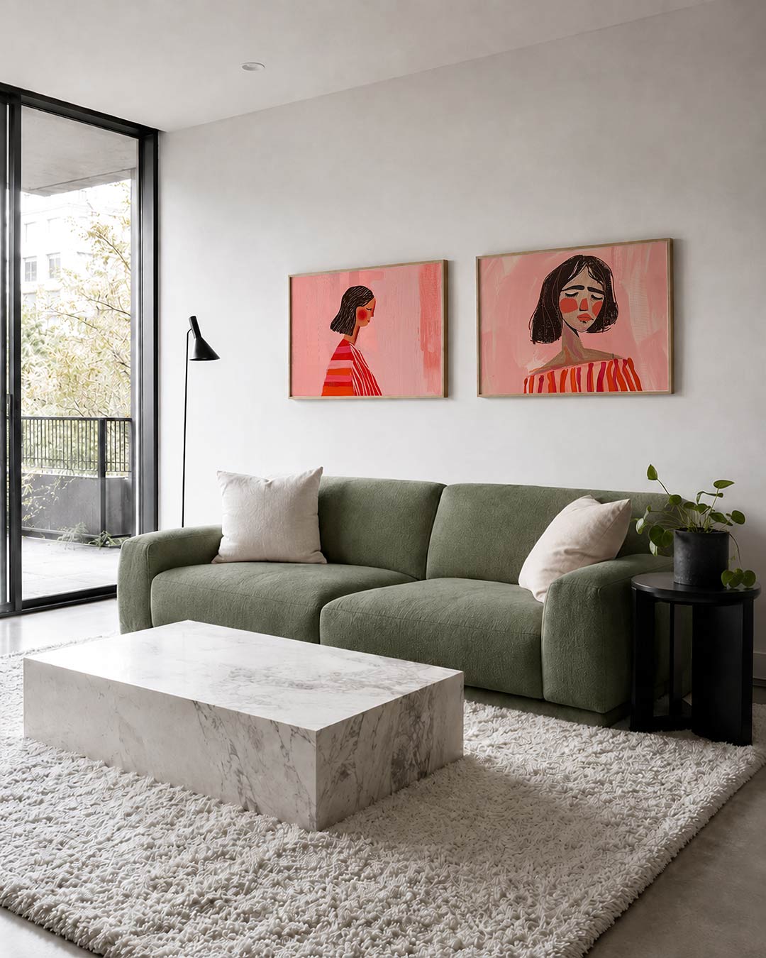 Tweedelige posterset met een vrouwelijk silhouet met donkere haren en warme blosjes, getoond in een interieur