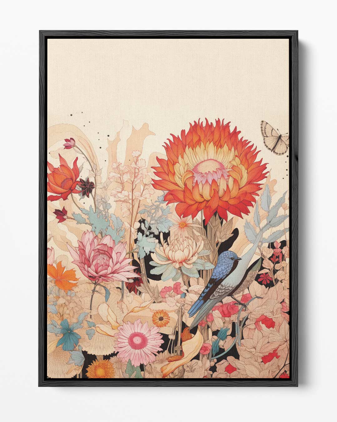 Vrolijke Bloemnatuur met Blauwe Vogel Kunstwerk-canvas-dibond-plexiglas-wanddecoratie-WallArtistic