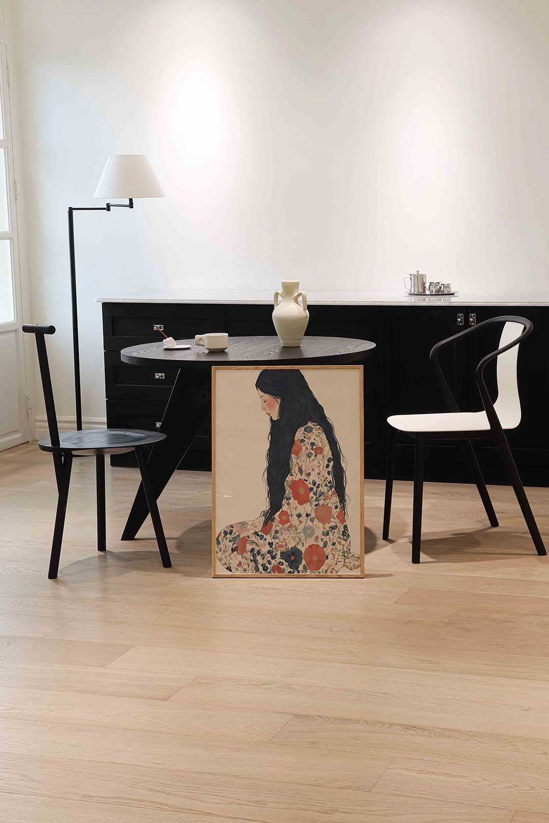 Vrouw met bloemenjurk Poster