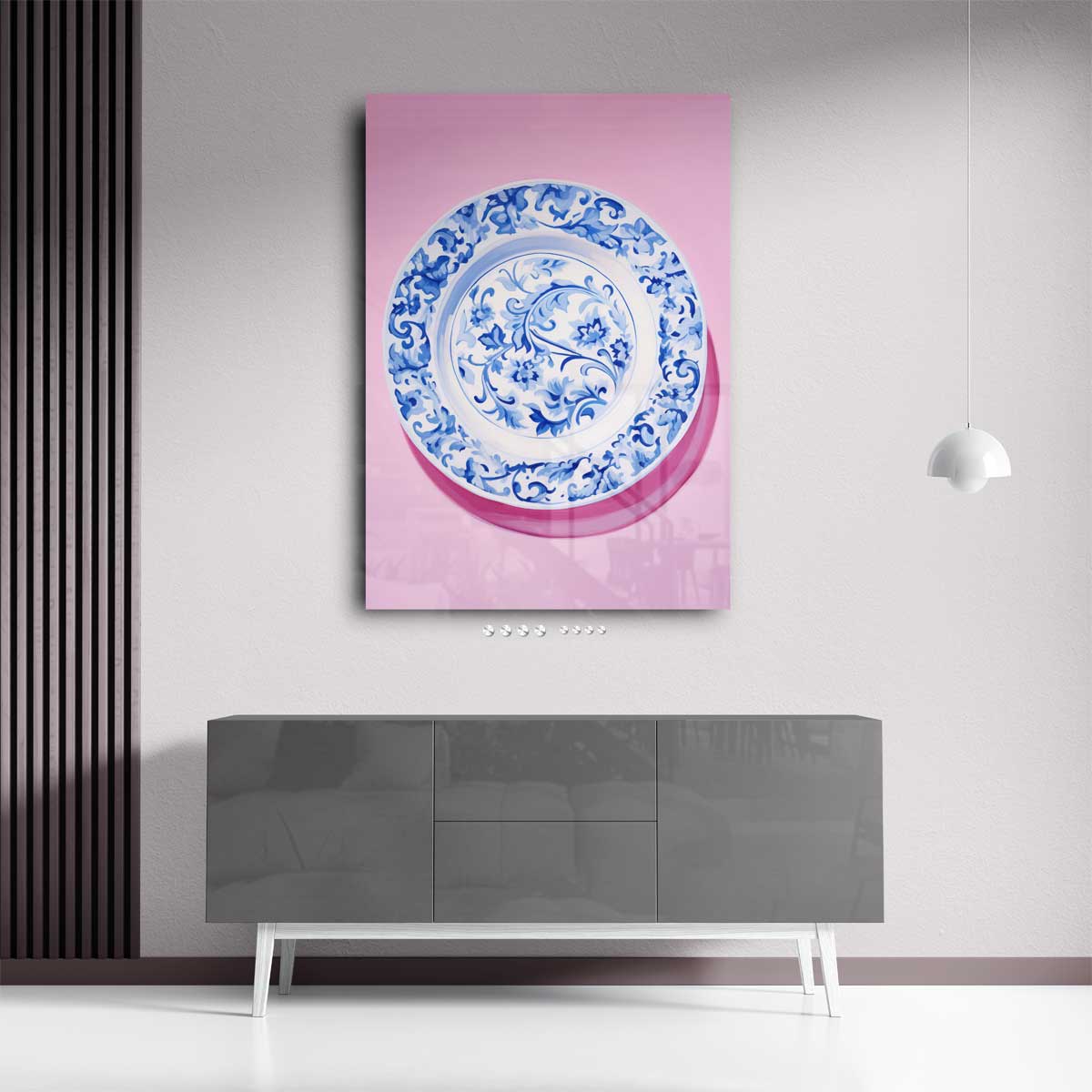 Blauwe Bloemenpracht op Roze Kunstwerk-canvas-dibond-plexiglas-wanddecoratie-WallArtistic