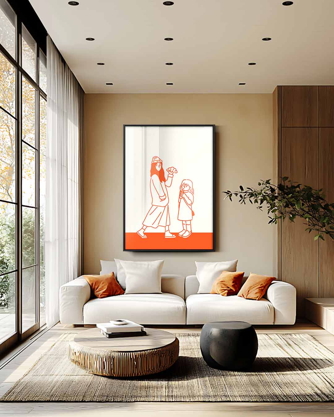 Vrolijke Wandeling in Oranje Kunstwerk-canvas-dibond-plexiglas-wanddecoratie-WallArtistic