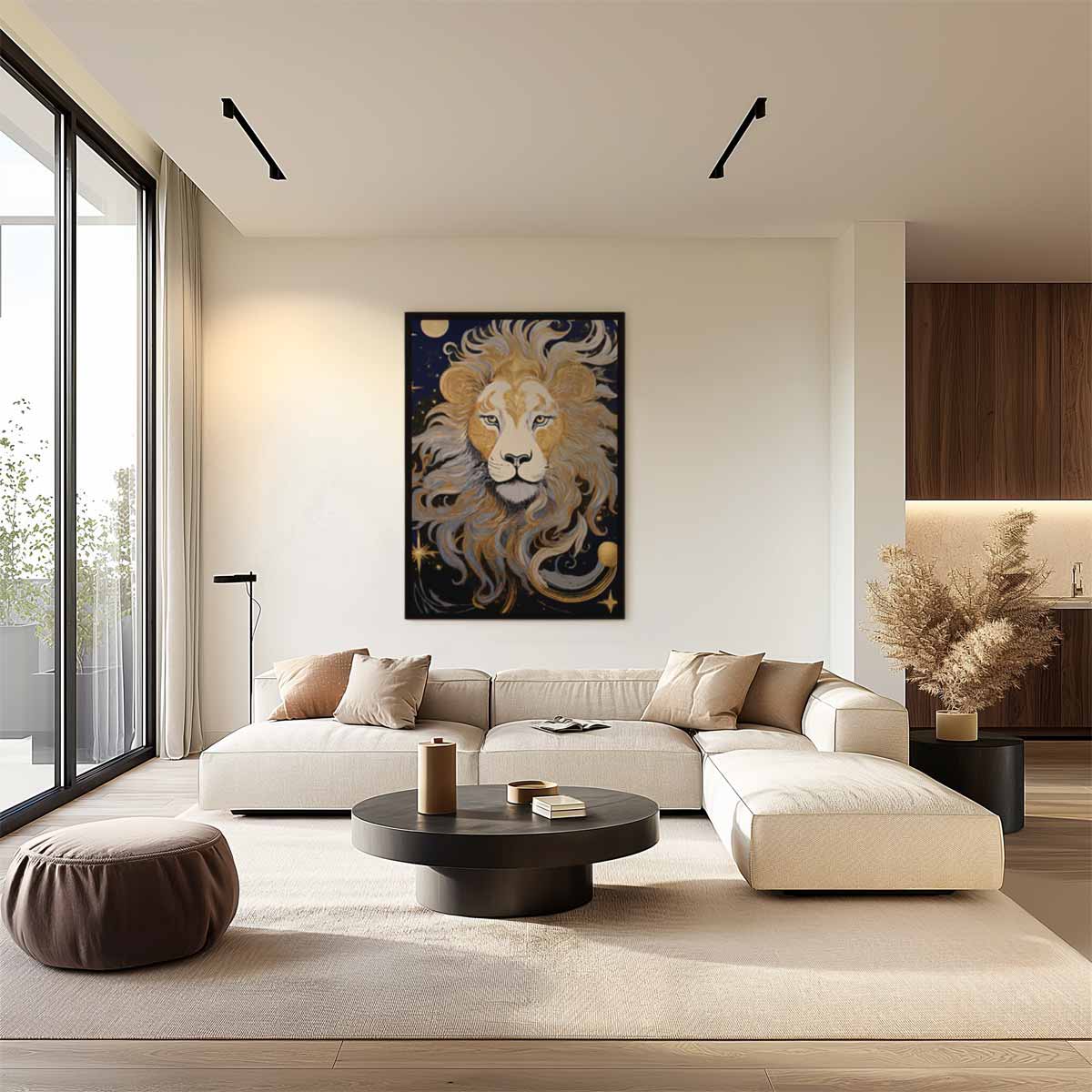 Majestueuze Leeuw in Gouden Nacht Kunstwerk-canvas-dibond-plexiglas-wanddecoratie-WallArtistic