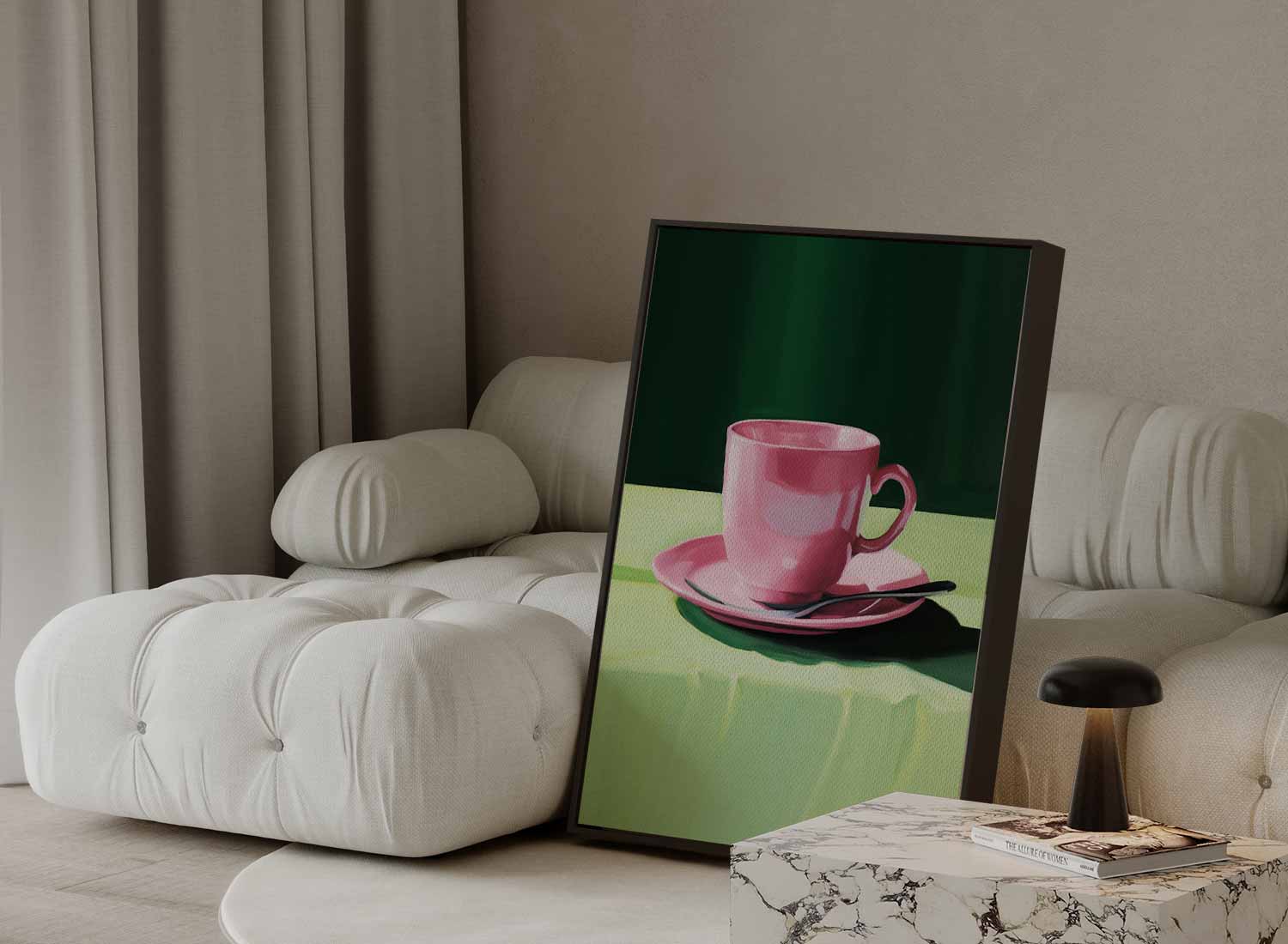 Roze Kopje op Groen Tafellaken Kunstwerk-canvas-dibond-plexiglas-wanddecoratie-WallArtistic