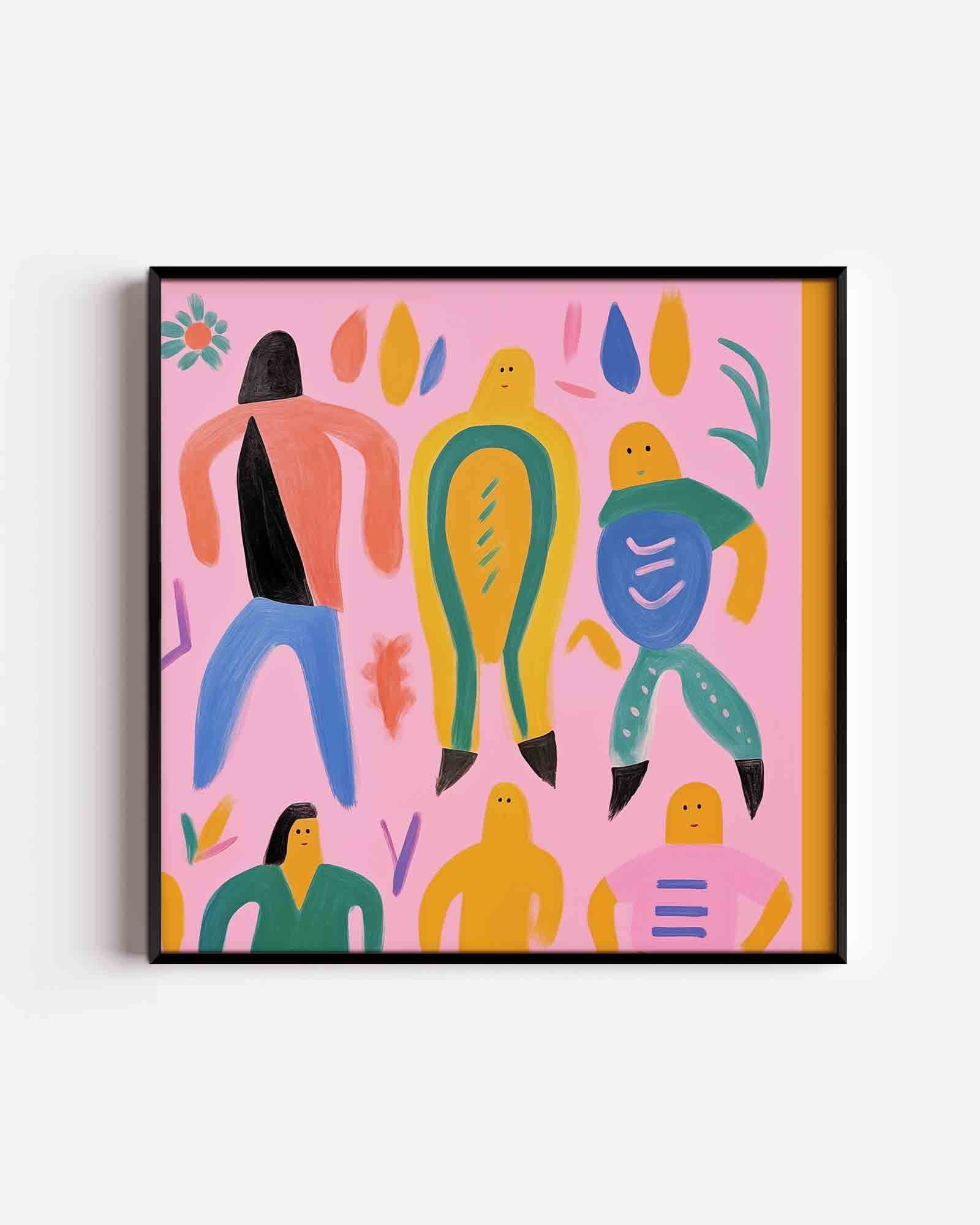 Vrolijke figuren op roze Poster