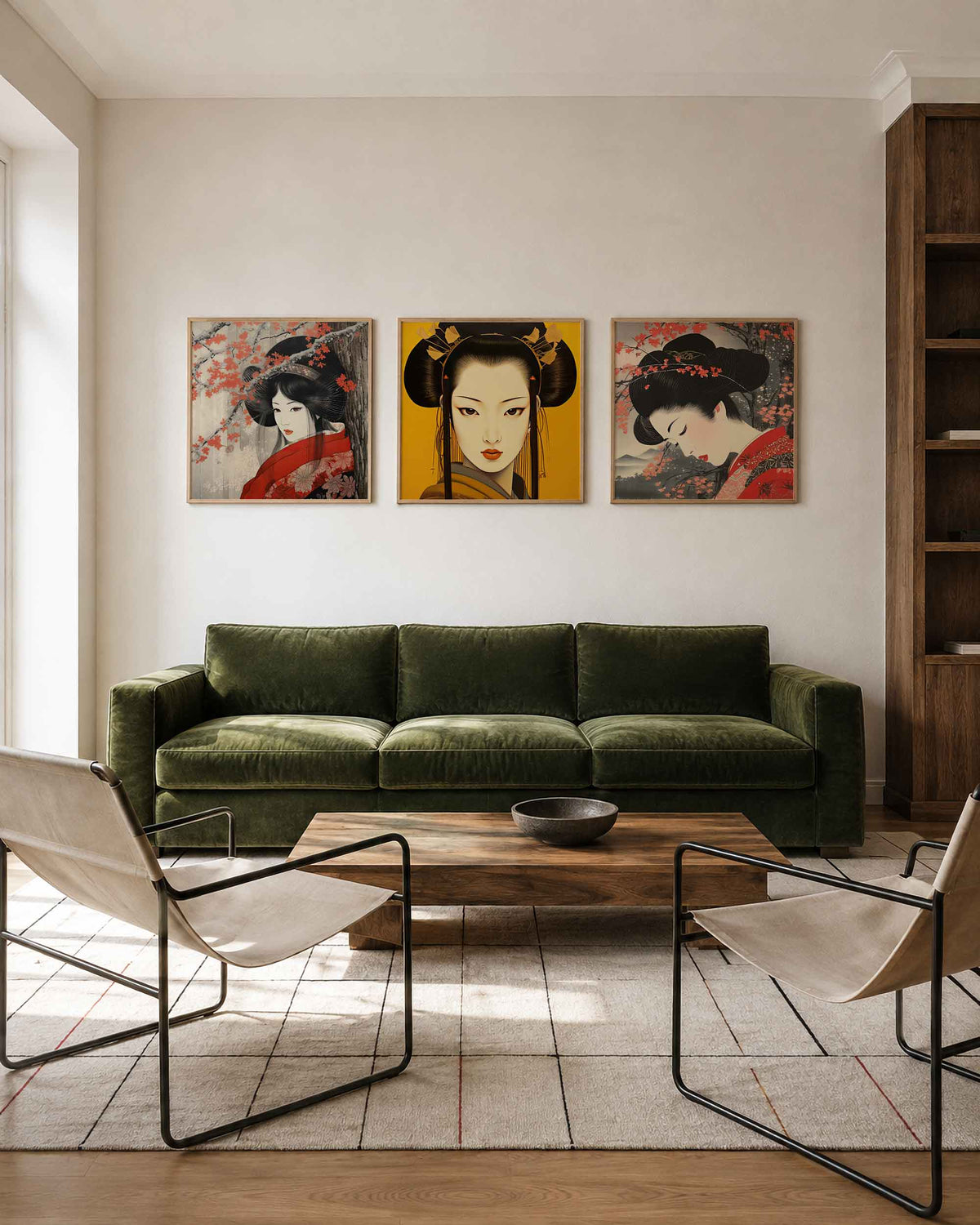 Interieurpresentatie van een driedelige vierkante posterset met japanse vrouwen