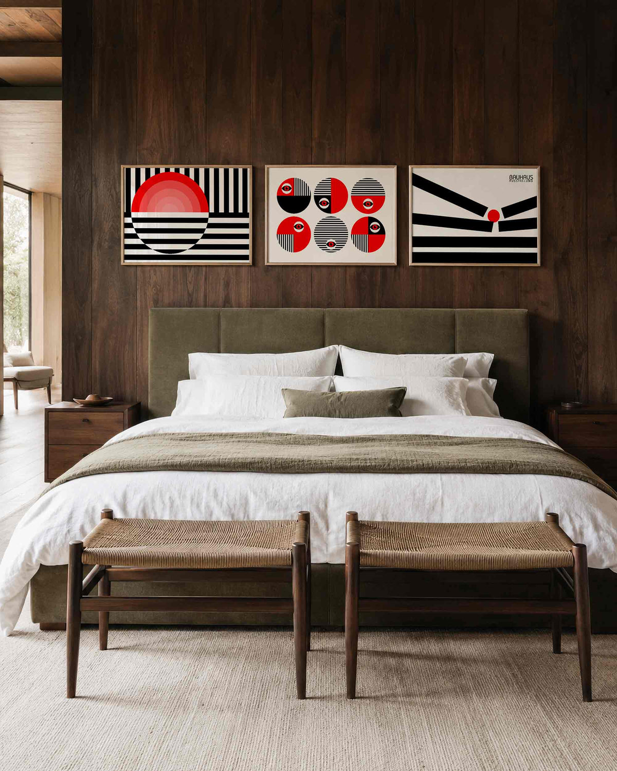 Interieurmockup van drieluik landscape-posterset met rode cirkels en zwarte lijnen